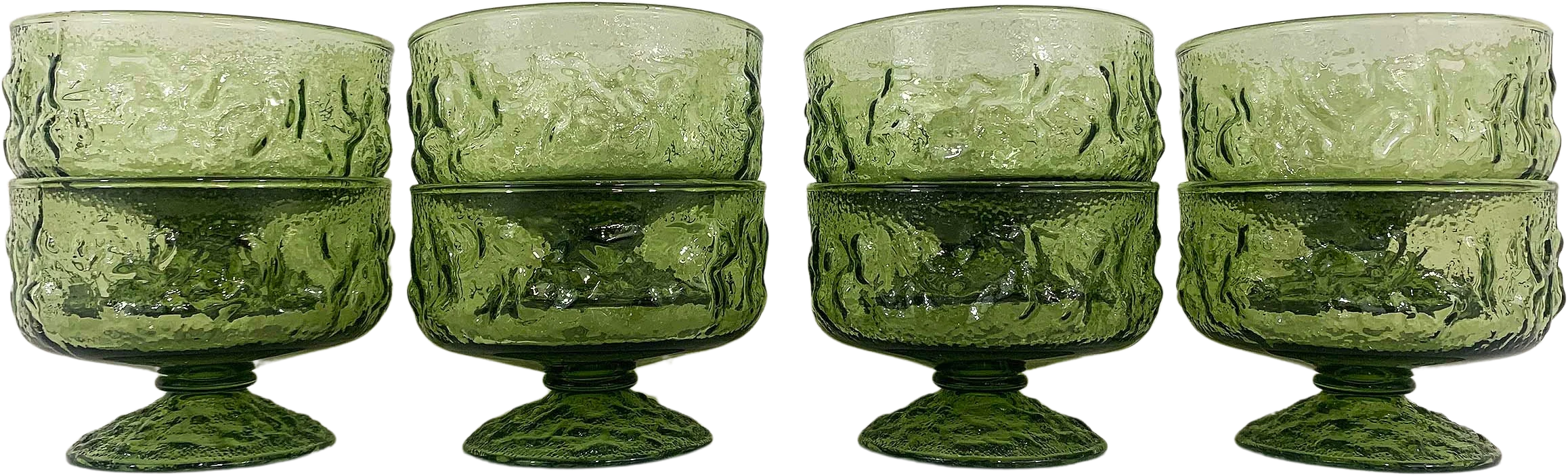 Vintage Avocado Green Anchor Hocking Lido Milano Crinkle Glass Glasses Set of 8 Pedestal Textured Champagne Coupe Sherbet 70s