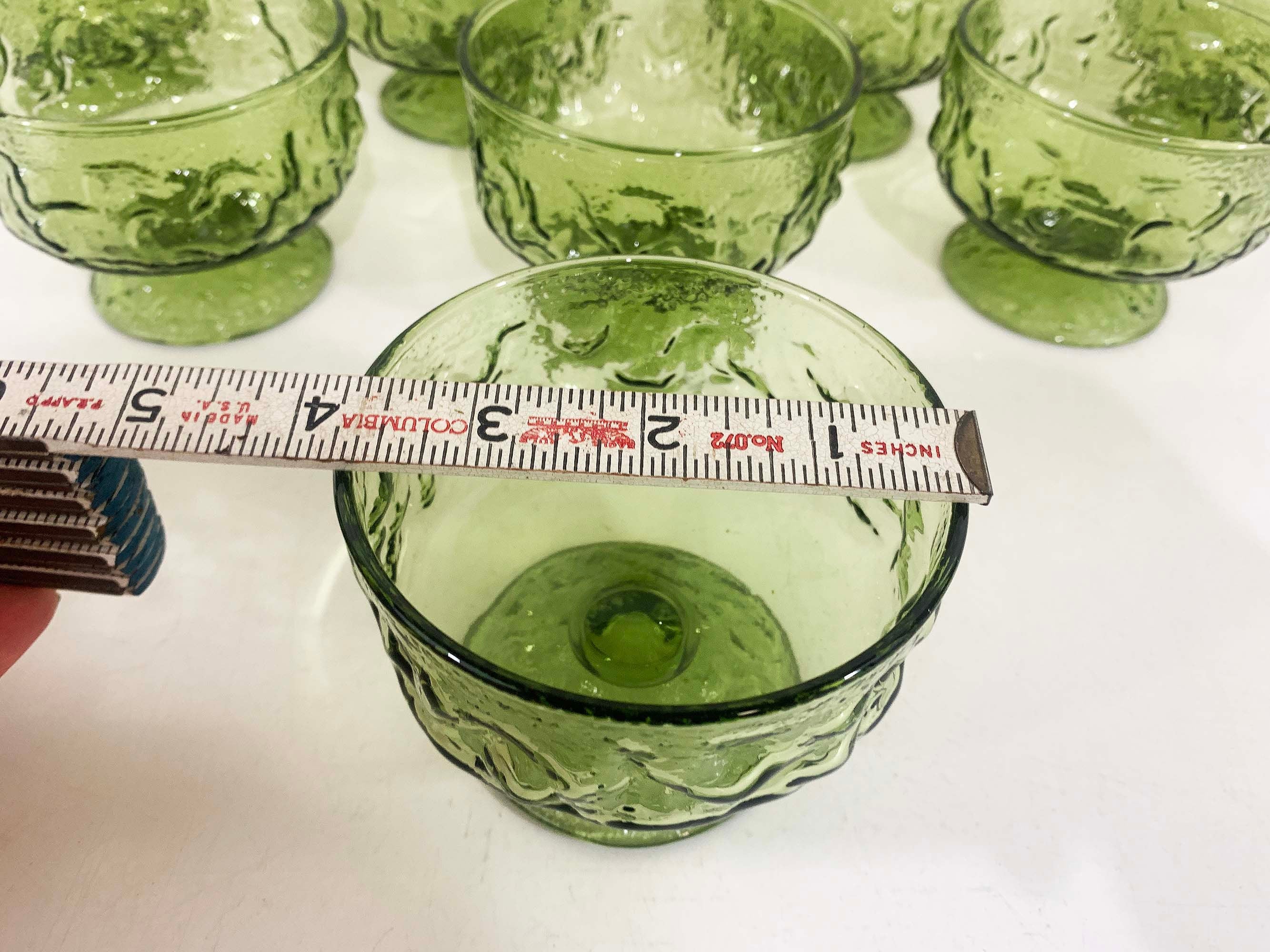 Vintage Avocado Green Anchor Hocking Lido Milano Crinkle Glass Glasses Set of 8 Pedestal Textured Champagne Coupe Sherbet 70s - Image 10