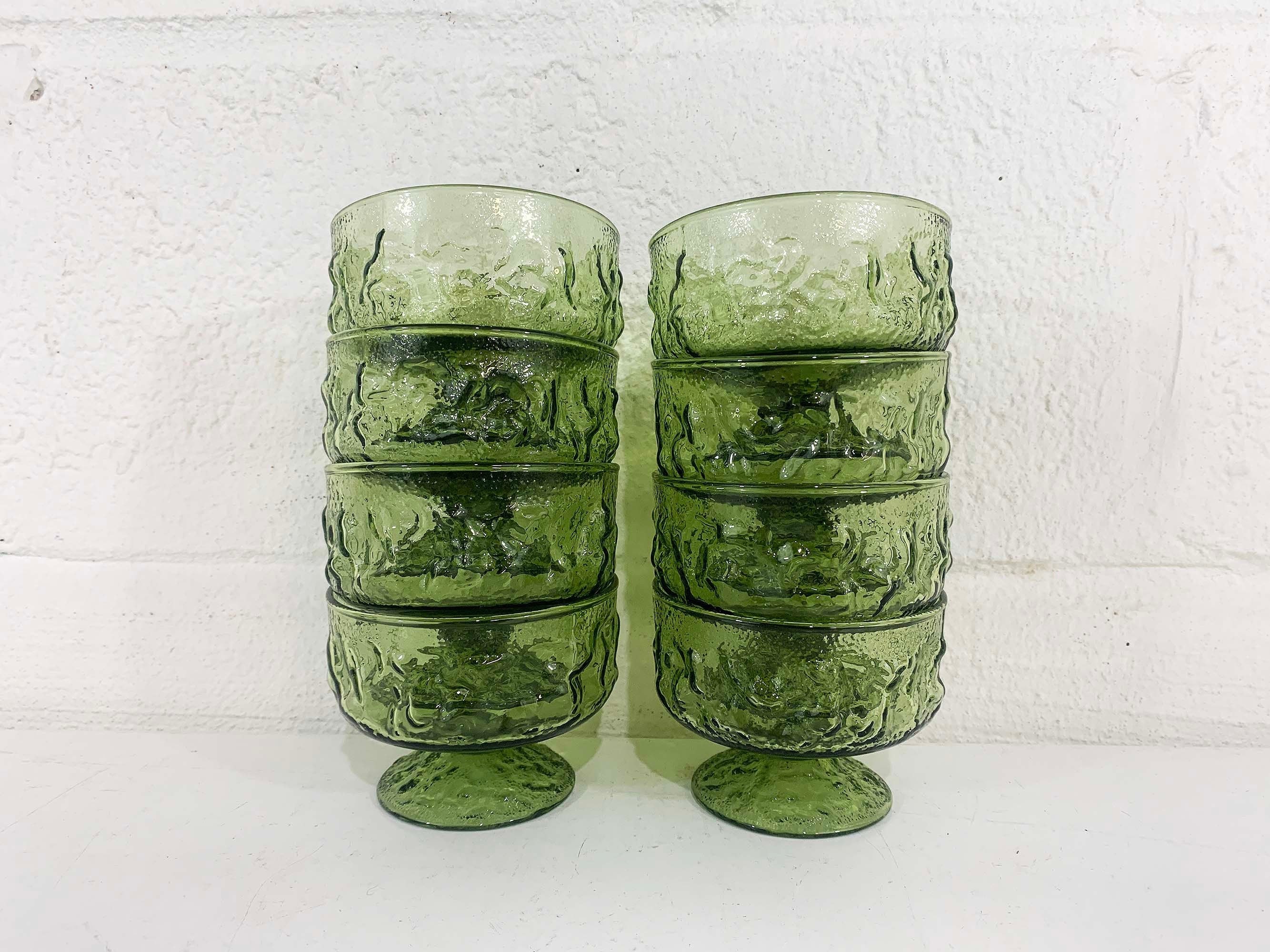 Vintage Avocado Green Anchor Hocking Lido Milano Crinkle Glass Glasses Set of 8 Pedestal Textured Champagne Coupe Sherbet 70s - Image 2