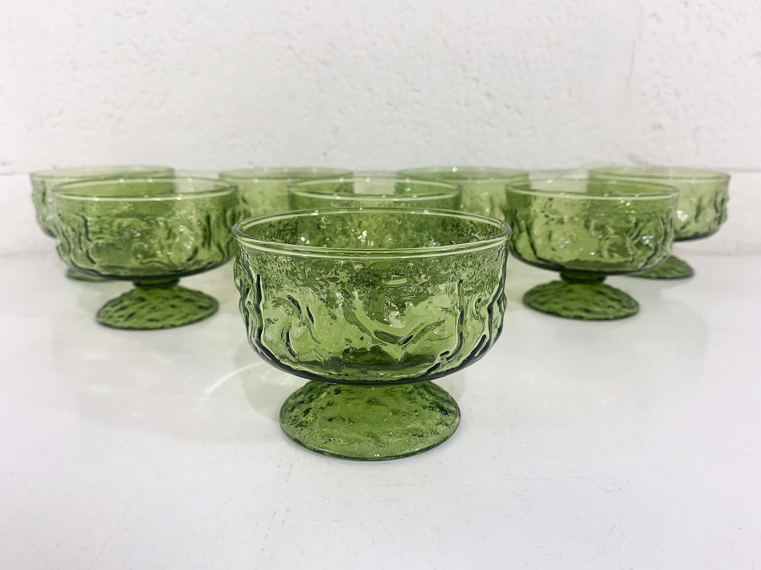 Vintage Avocado Green Anchor Hocking Lido Milano Crinkle Glass Glasses Set of 8 Pedestal Textured Champagne Coupe Sherbet 70s - Image 3
