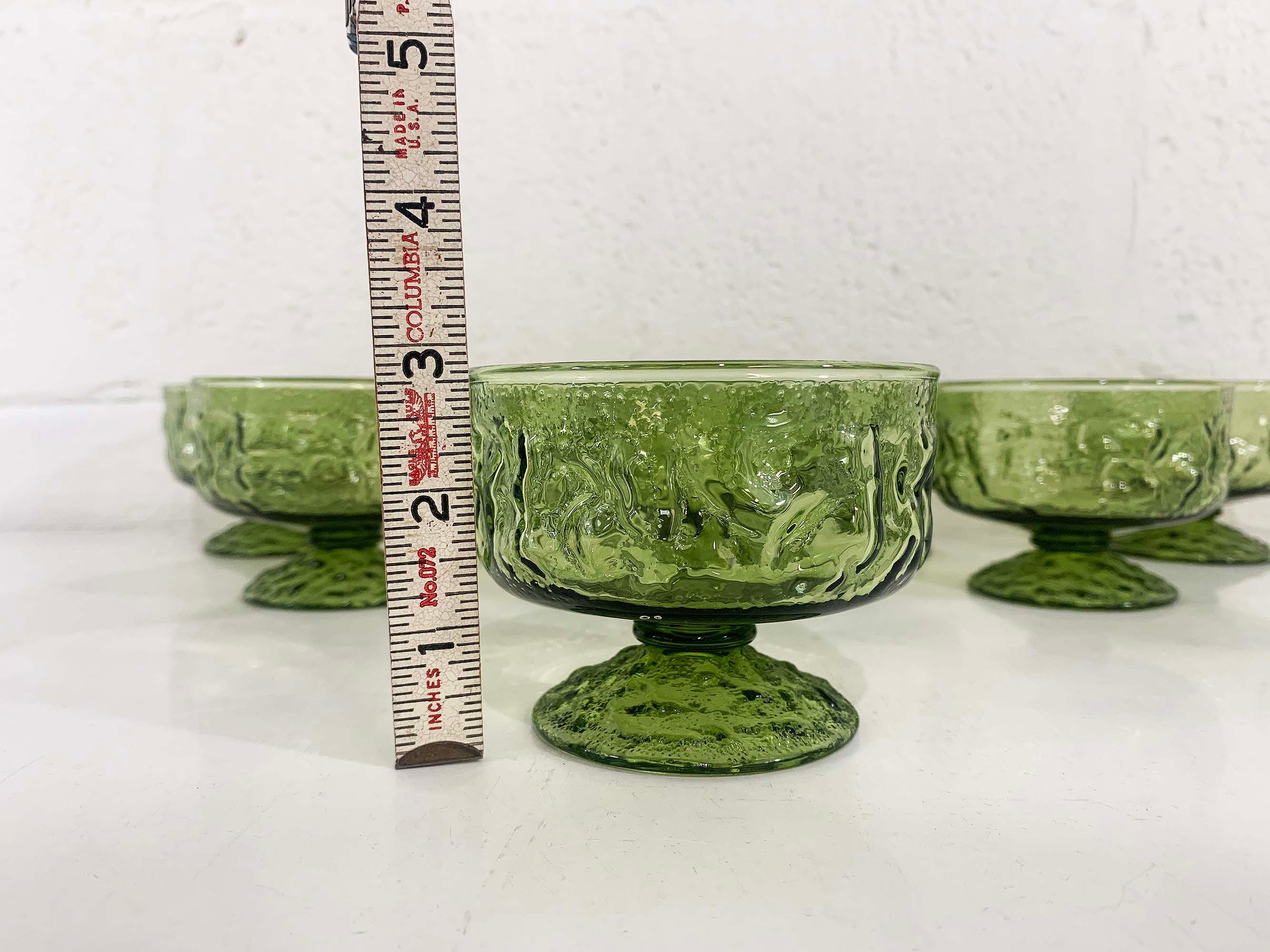 Vintage Avocado Green Anchor Hocking Lido Milano Crinkle Glass Glasses Set of 8 Pedestal Textured Champagne Coupe Sherbet 70s - Image 9