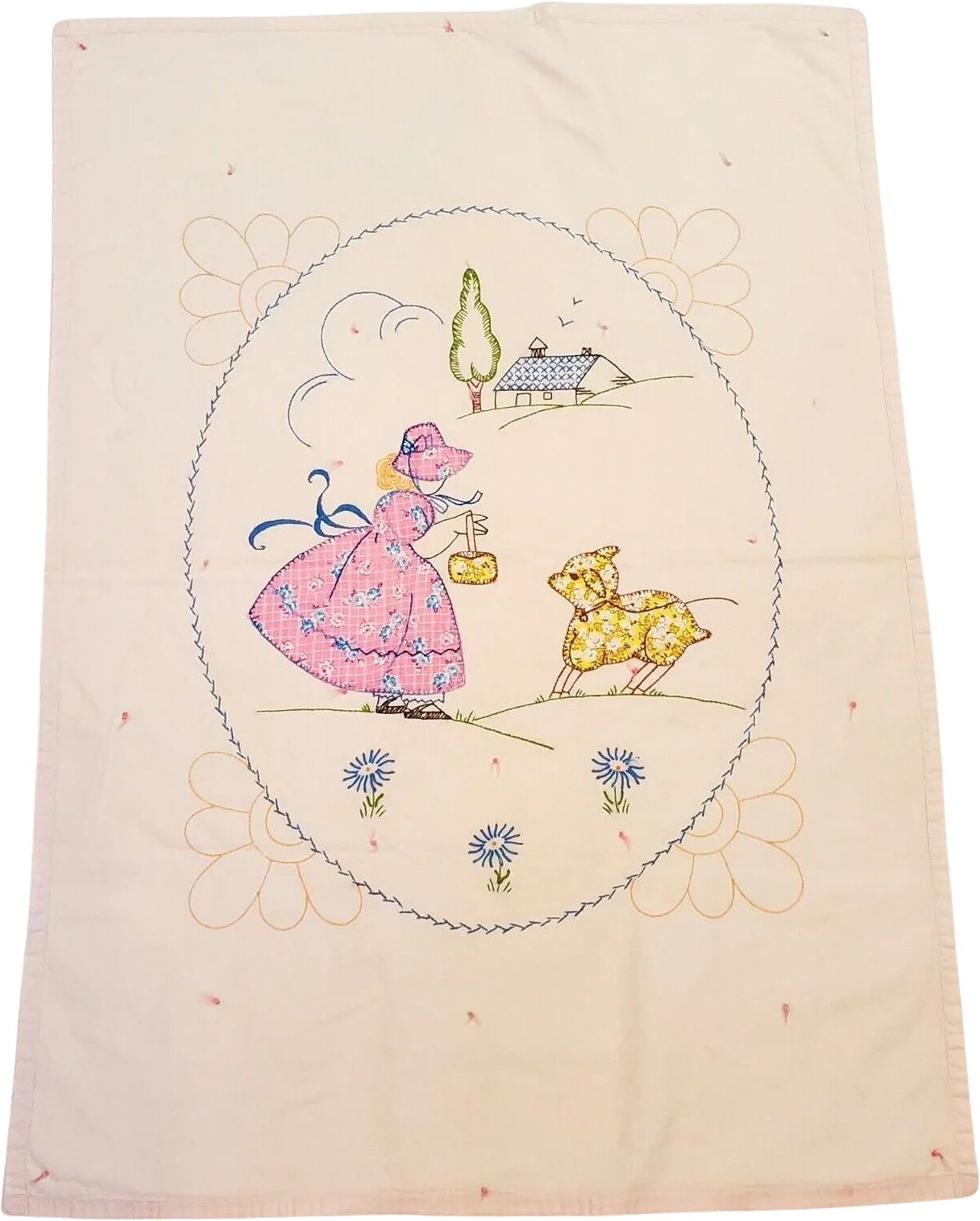 Vintage Baby Girl Nursery Rhyme Little Bo Peep Embroidered Blanket 28 X 39
