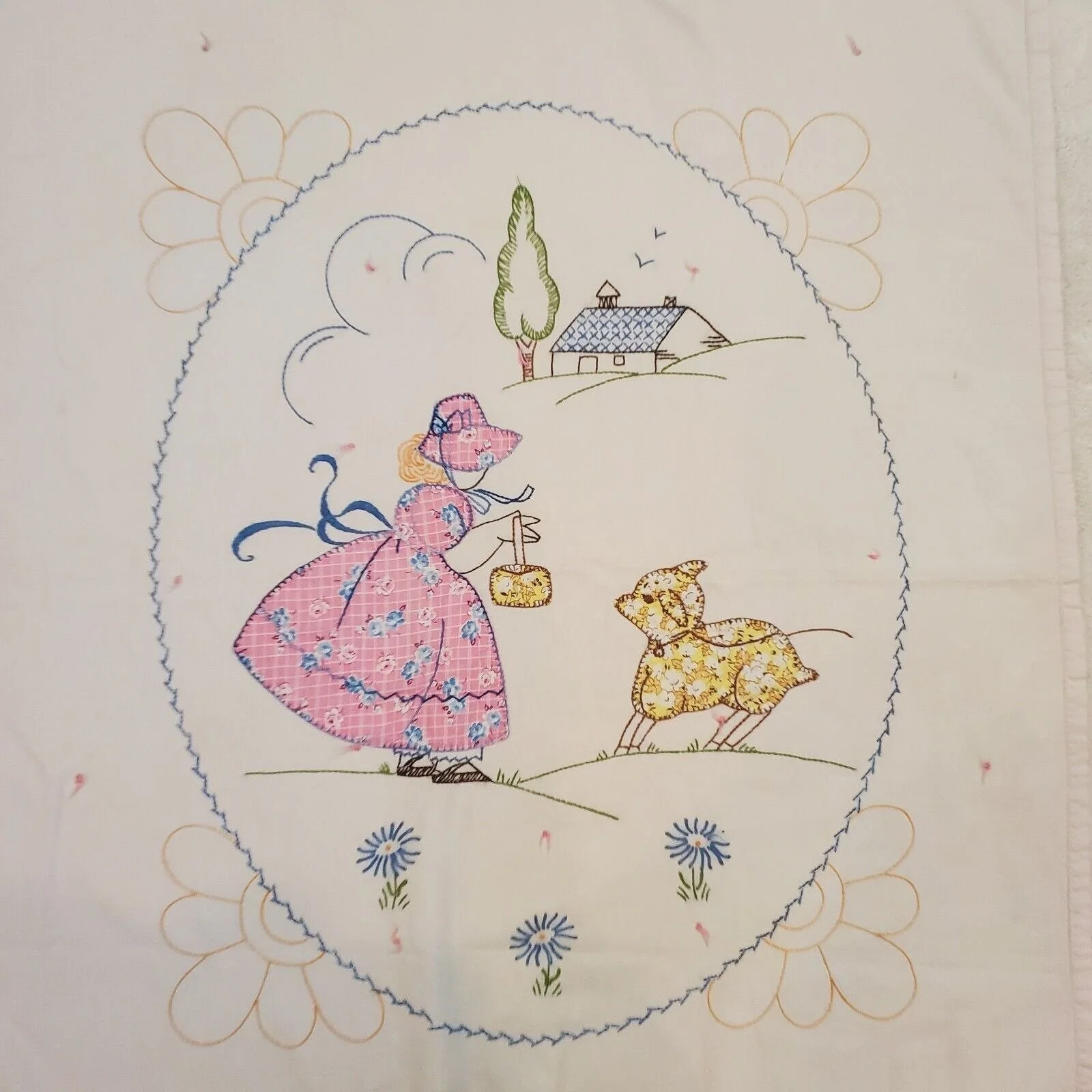 Vintage Baby Girl Nursery Rhyme Little Bo Peep Embroidered Blanket 28 X 39 - Image 2