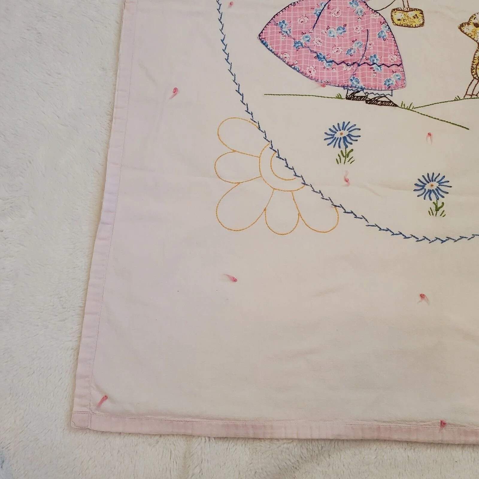 Vintage Baby Girl Nursery Rhyme Little Bo Peep Embroidered Blanket 28 X 39 - Image 4