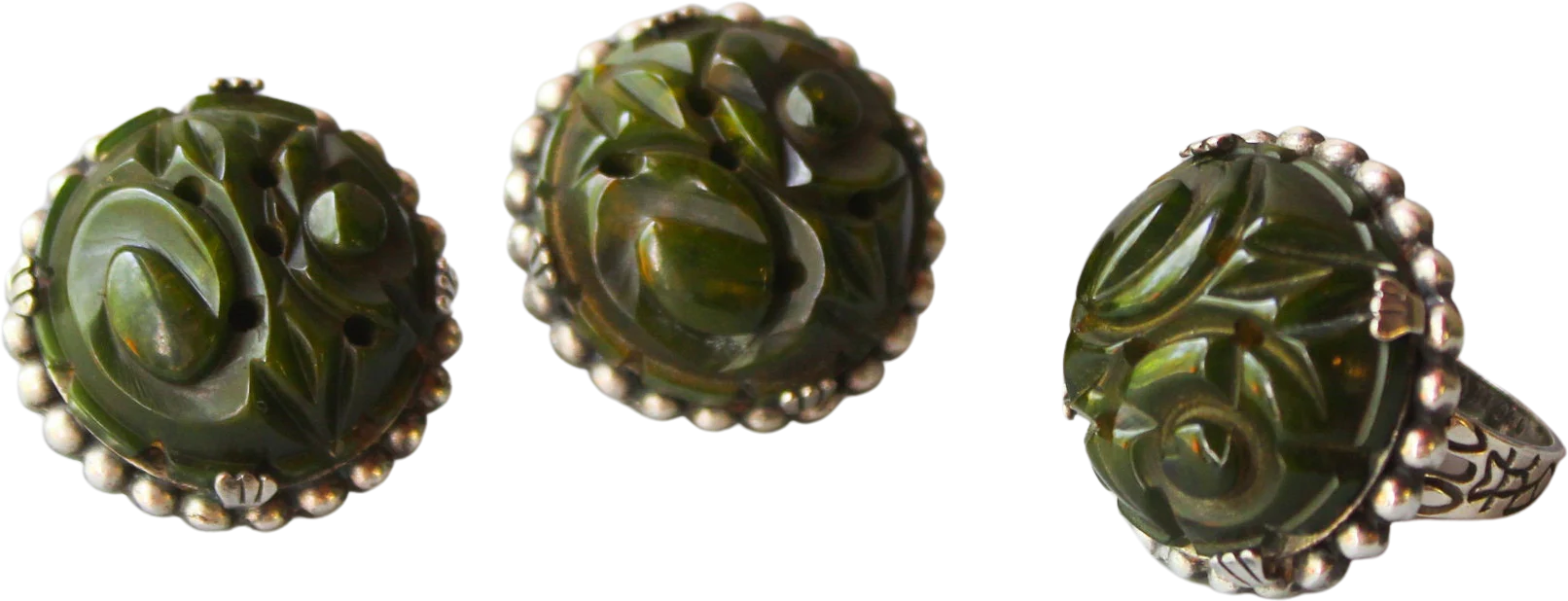Vintage Bakelite Ring and Earrings Set 30s 40s Green Carved Creamed Spinach