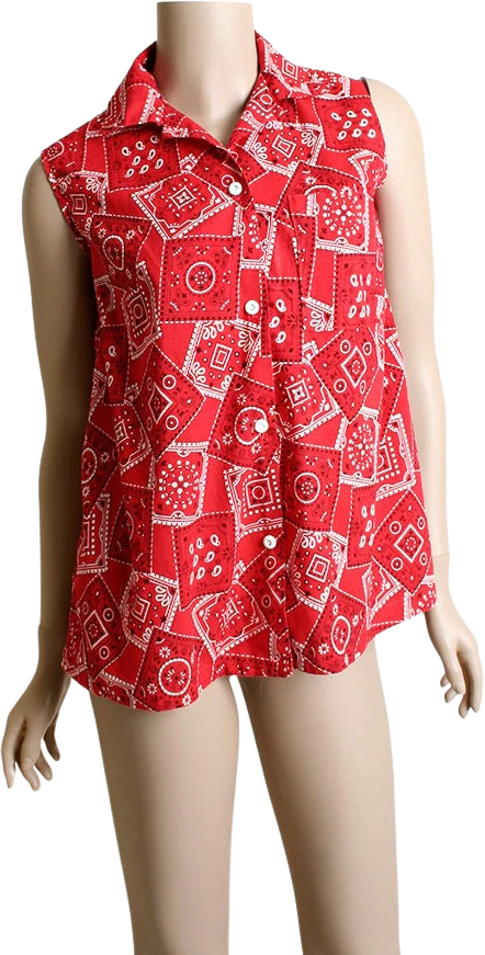 Vintage Bandana Print 50s Sleeveless Red and White Rockabilly Button Up Maternity Blouse