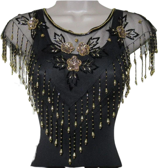Vintage Beaded Collar Capelet Black and Gold Beads with Tassels On Black Sheer Fabric 80s Glam Accessory Versatile