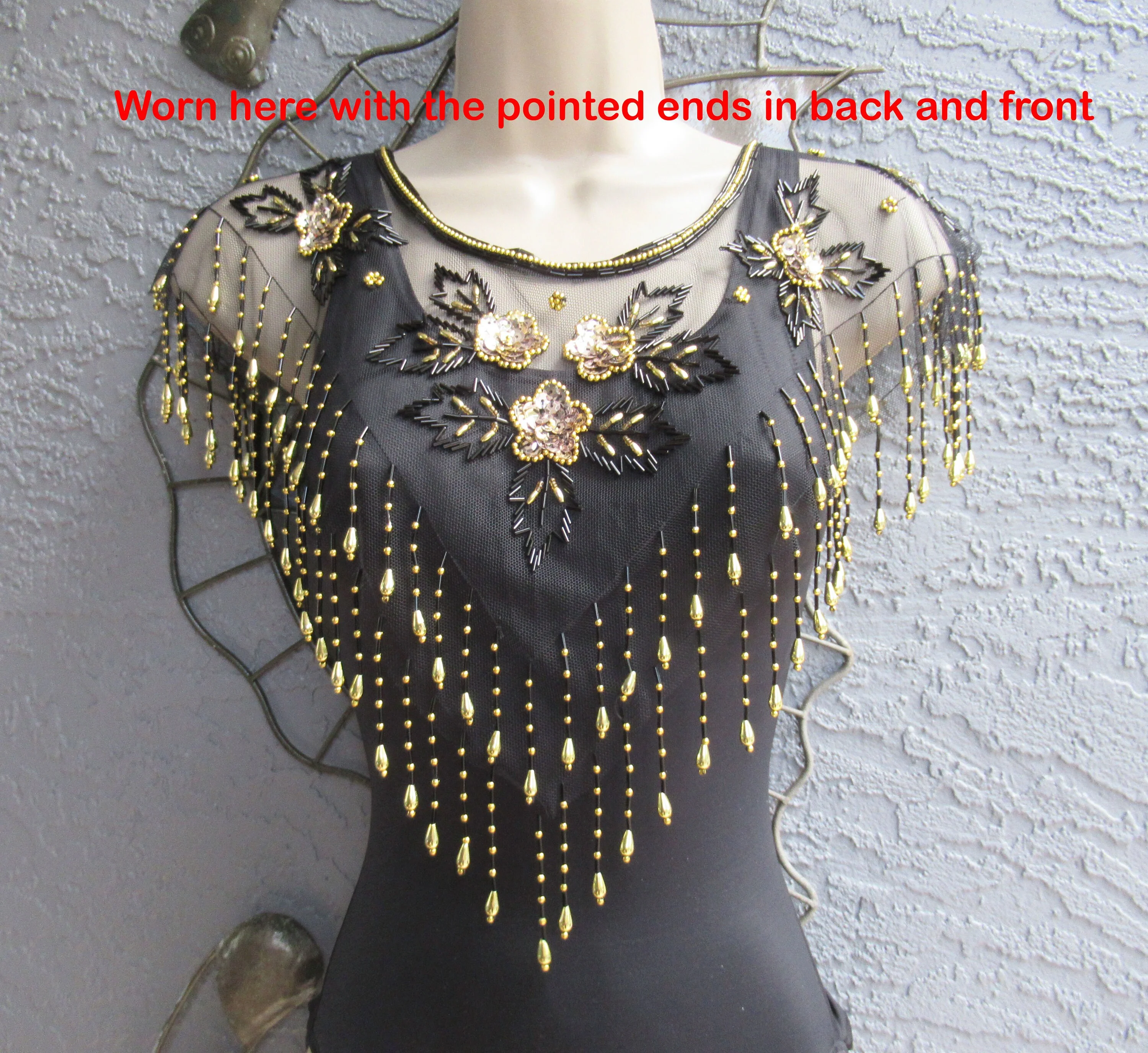 Vintage Beaded Collar Capelet Black and Gold Beads with Tassels On Black Sheer Fabric 80s Glam Accessory Versatile - Image 4