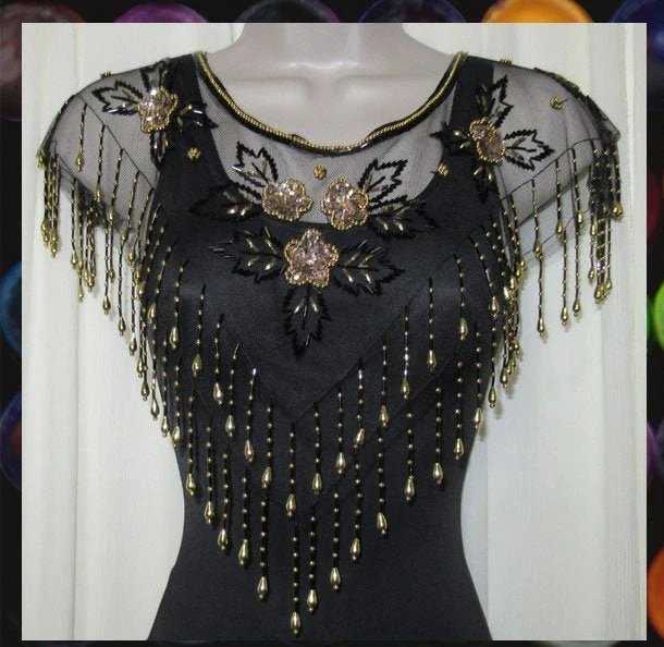 Vintage Beaded Collar Capelet Black and Gold Beads with Tassels On Black Sheer Fabric 80s Glam Accessory Versatile - Image 5