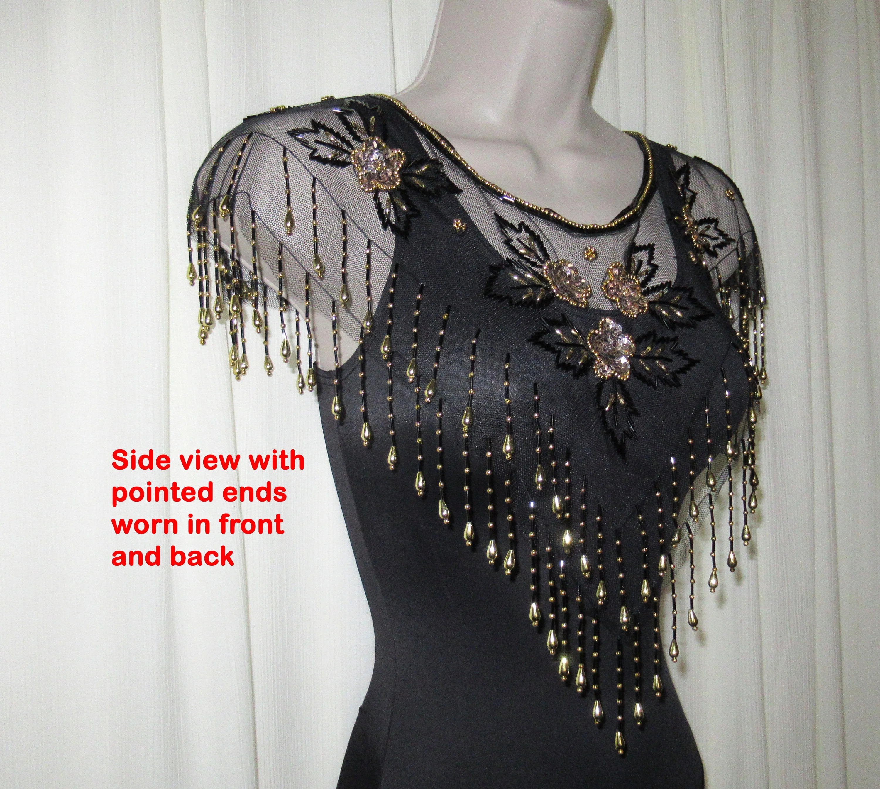 Vintage Beaded Collar Capelet Black and Gold Beads with Tassels On Black Sheer Fabric 80s Glam Accessory Versatile - Image 6