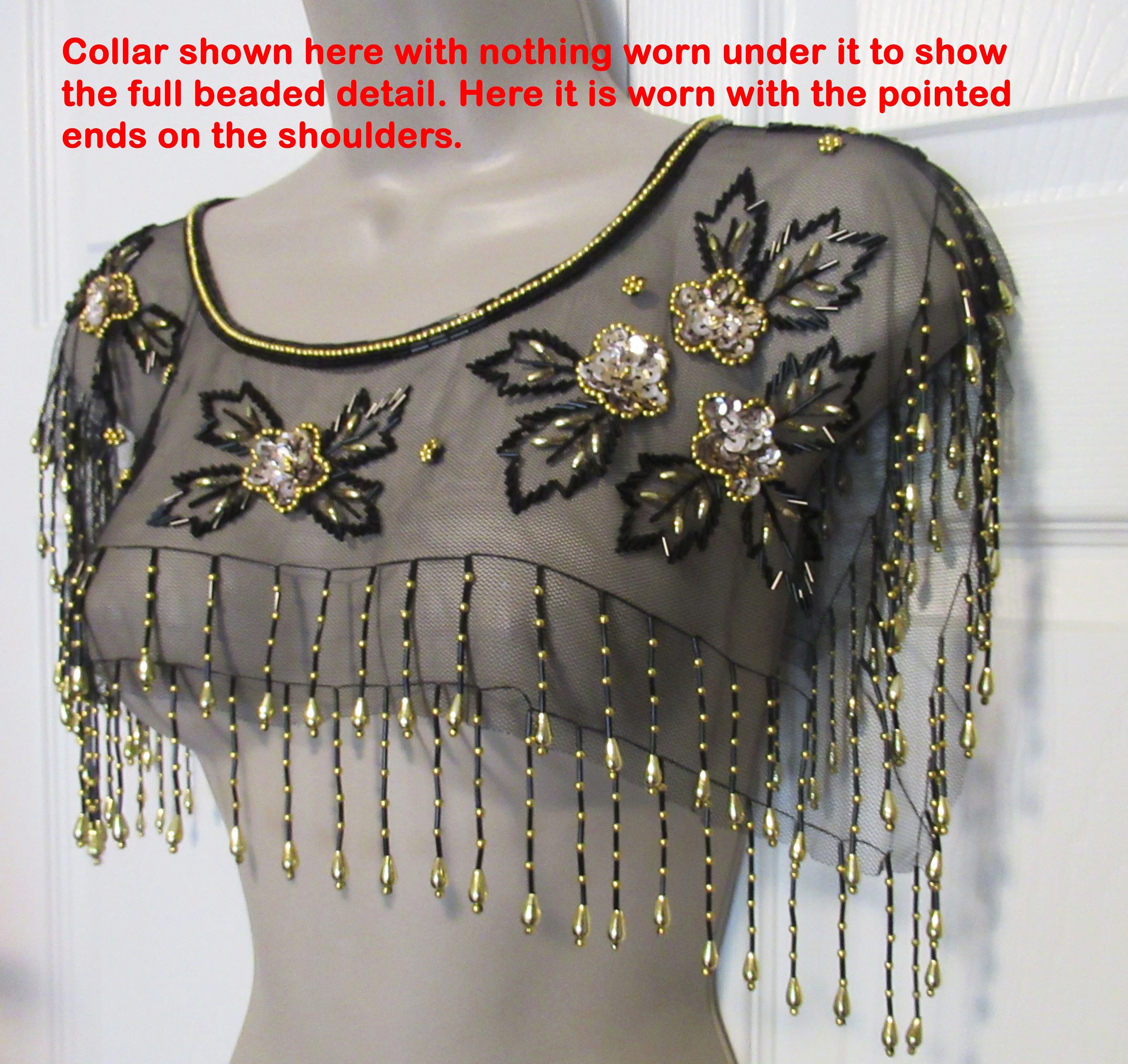 Vintage Beaded Collar Capelet Black and Gold Beads with Tassels On Black Sheer Fabric 80s Glam Accessory Versatile - Image 7