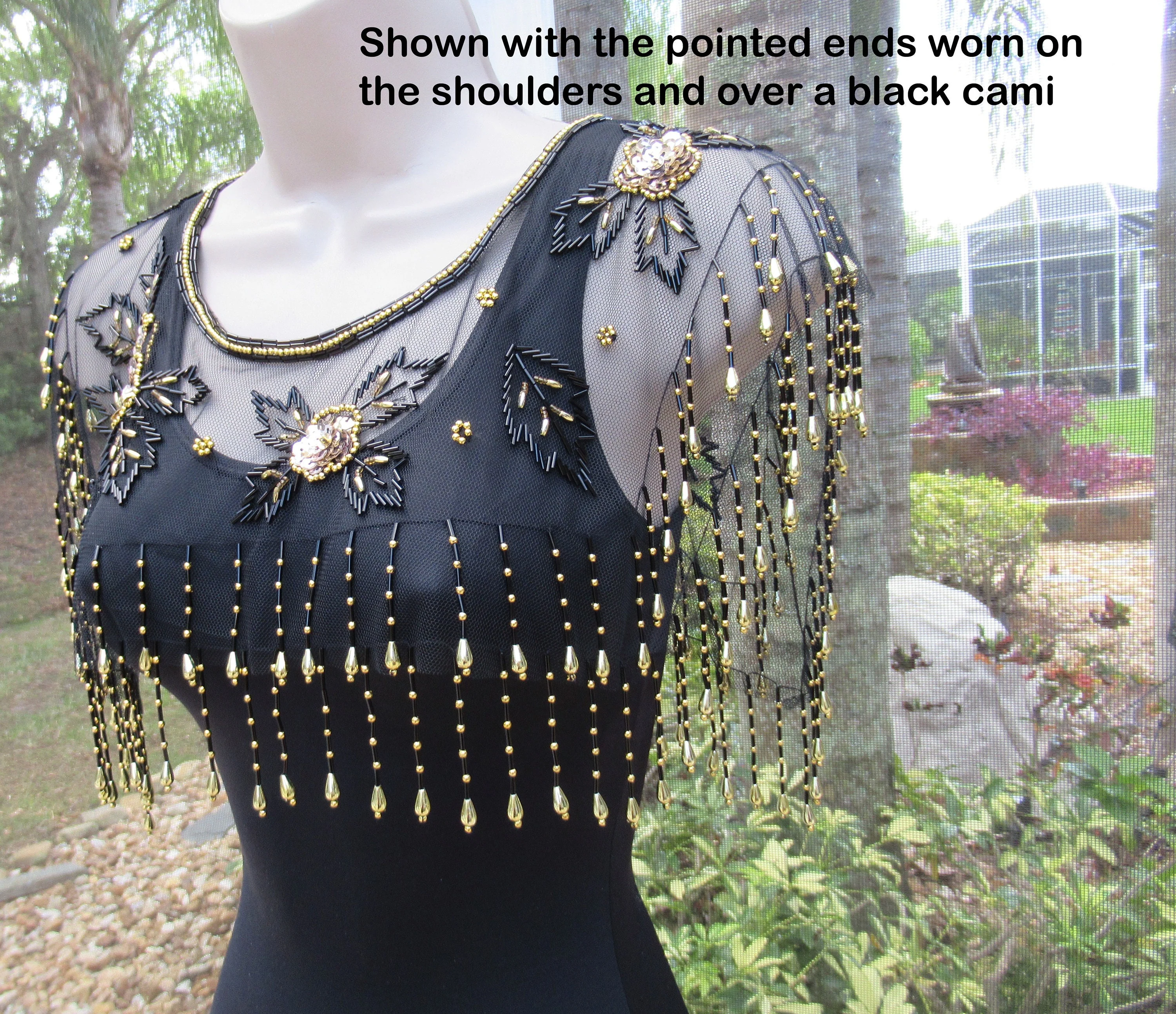 Vintage Beaded Collar Capelet Black and Gold Beads with Tassels On Black Sheer Fabric 80s Glam Accessory Versatile - Image 8