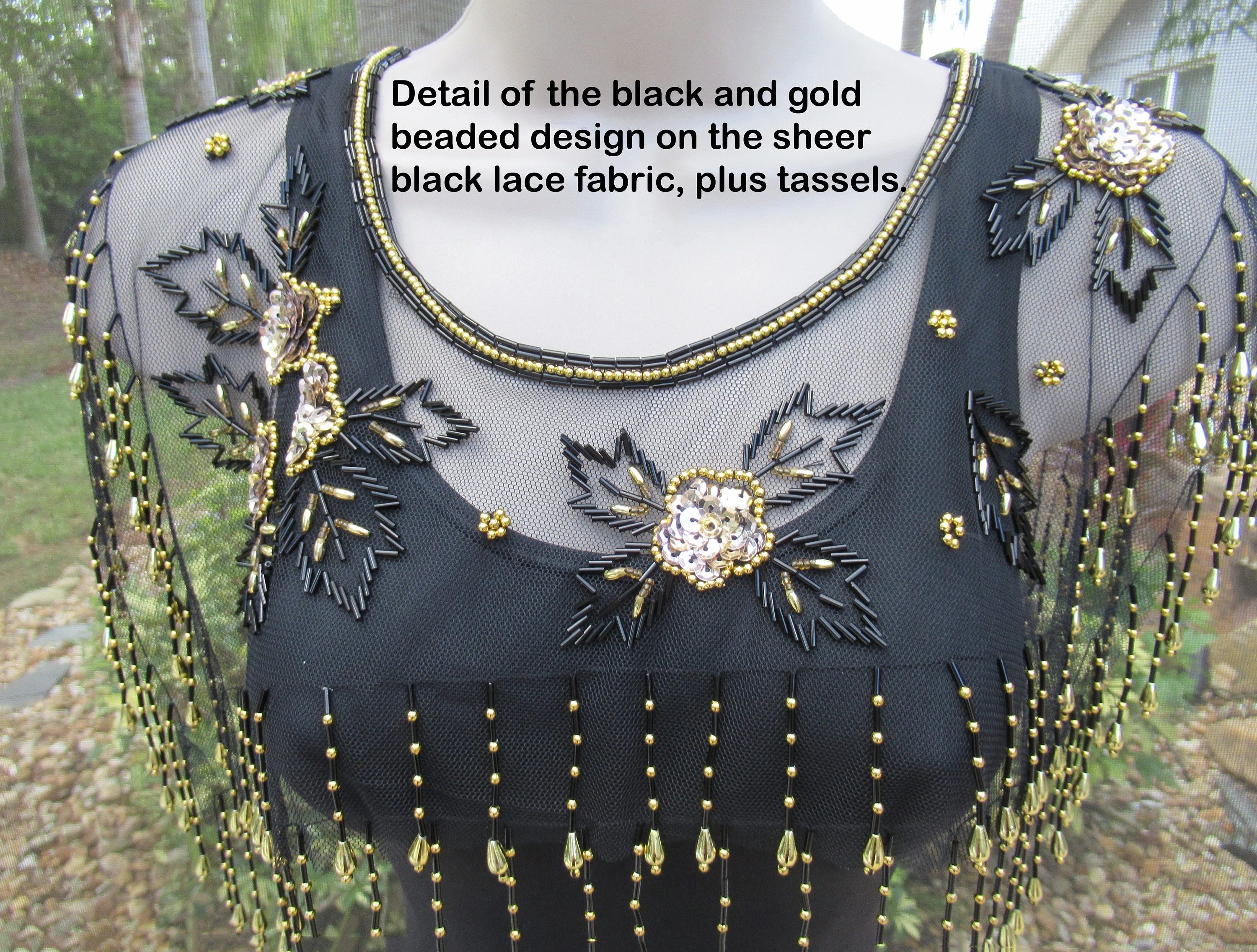 Vintage Beaded Collar Capelet Black and Gold Beads with Tassels On Black Sheer Fabric 80s Glam Accessory Versatile - Image 9