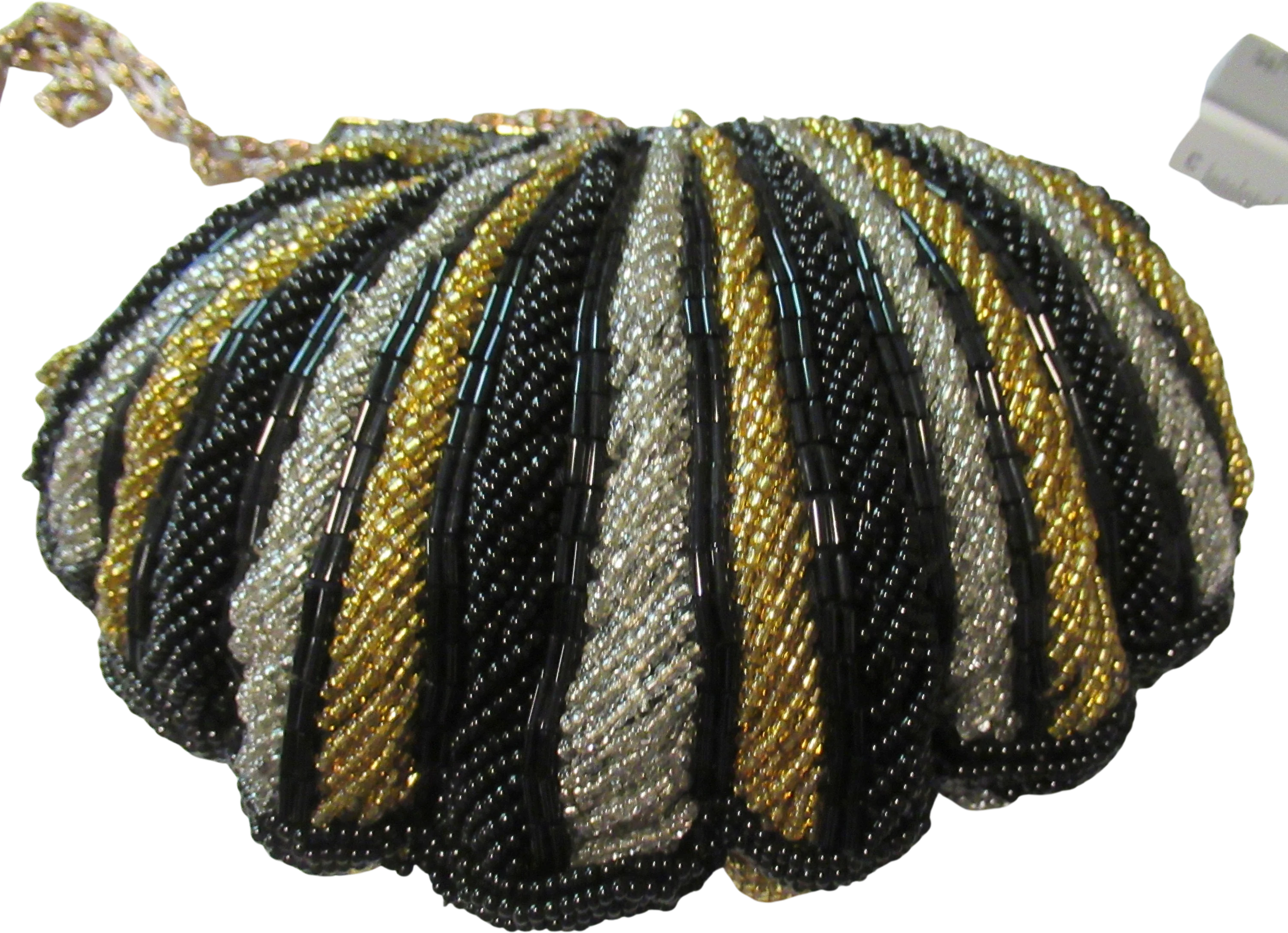 Vintage Beaded Evening Bag Gold Black and Silver Rows of Diagonal Beads Gold Tone Metal Chain Hideaway Handle Top Kiss Clasp
