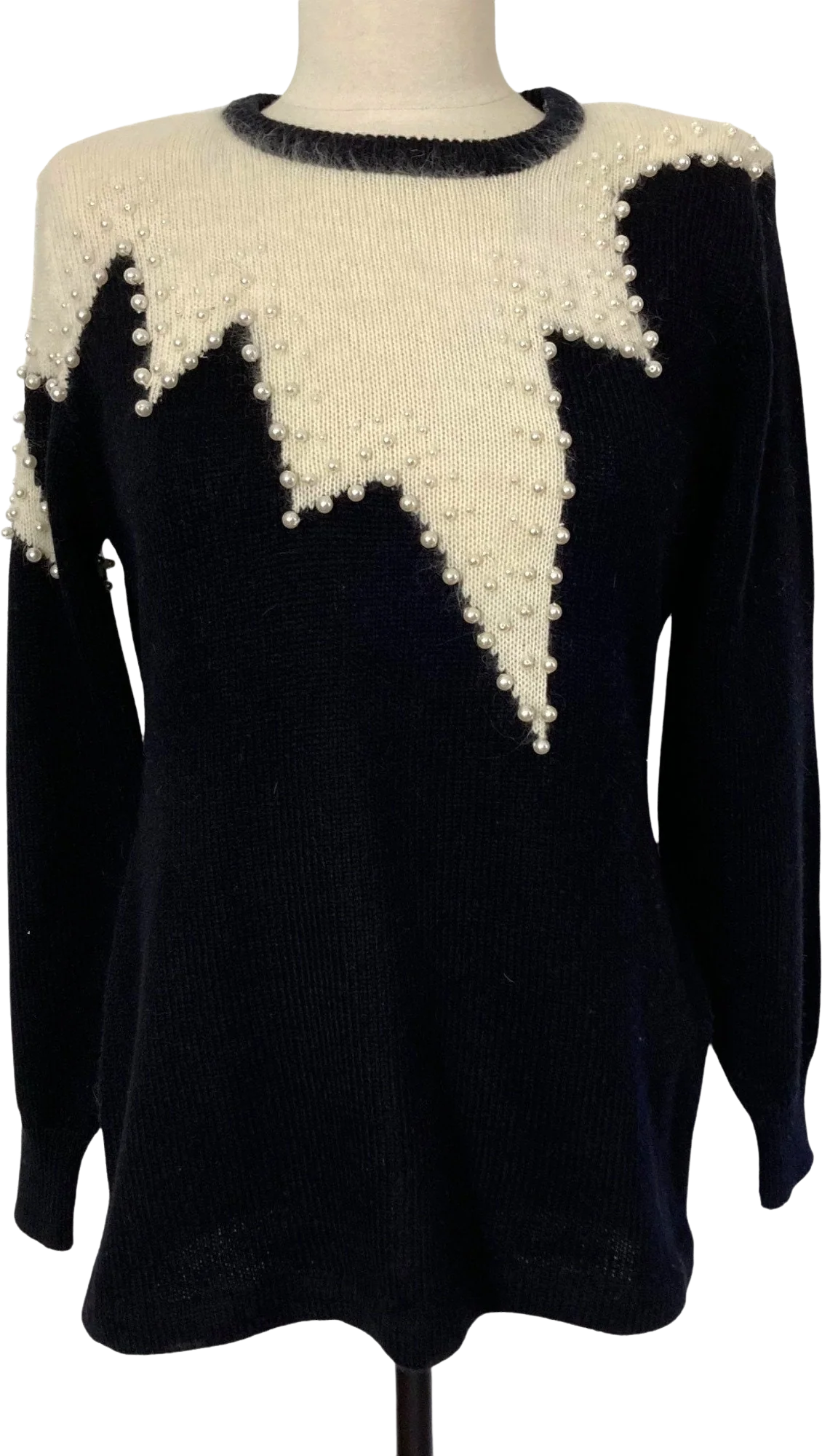 Vintage Beaded Sweater Medium Black White Angora Blend 80s by Christina Grant