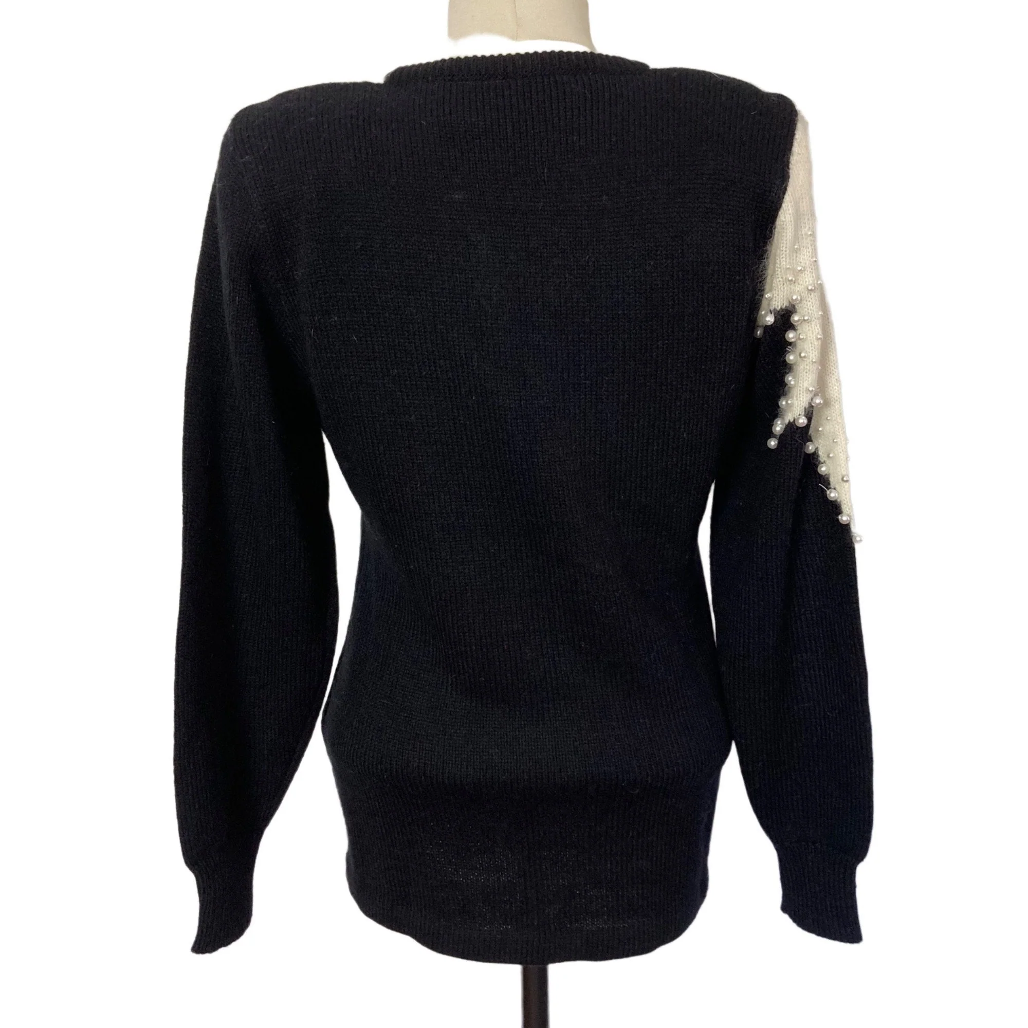 Vintage Beaded Sweater Medium Black White Angora Blend 80s by Christina Grant - Image 2