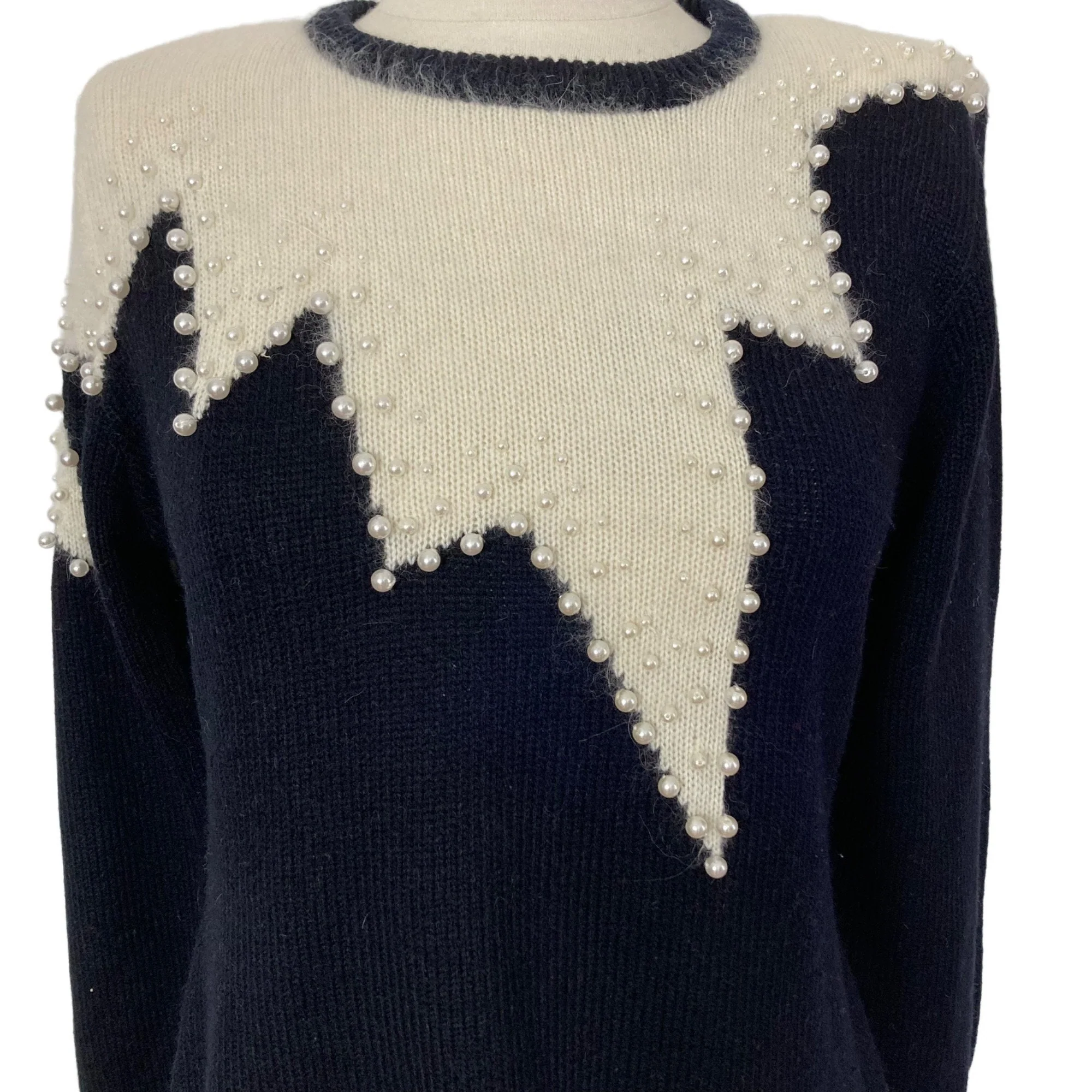Vintage Beaded Sweater Medium Black White Angora Blend 80s by Christina Grant - Image 3