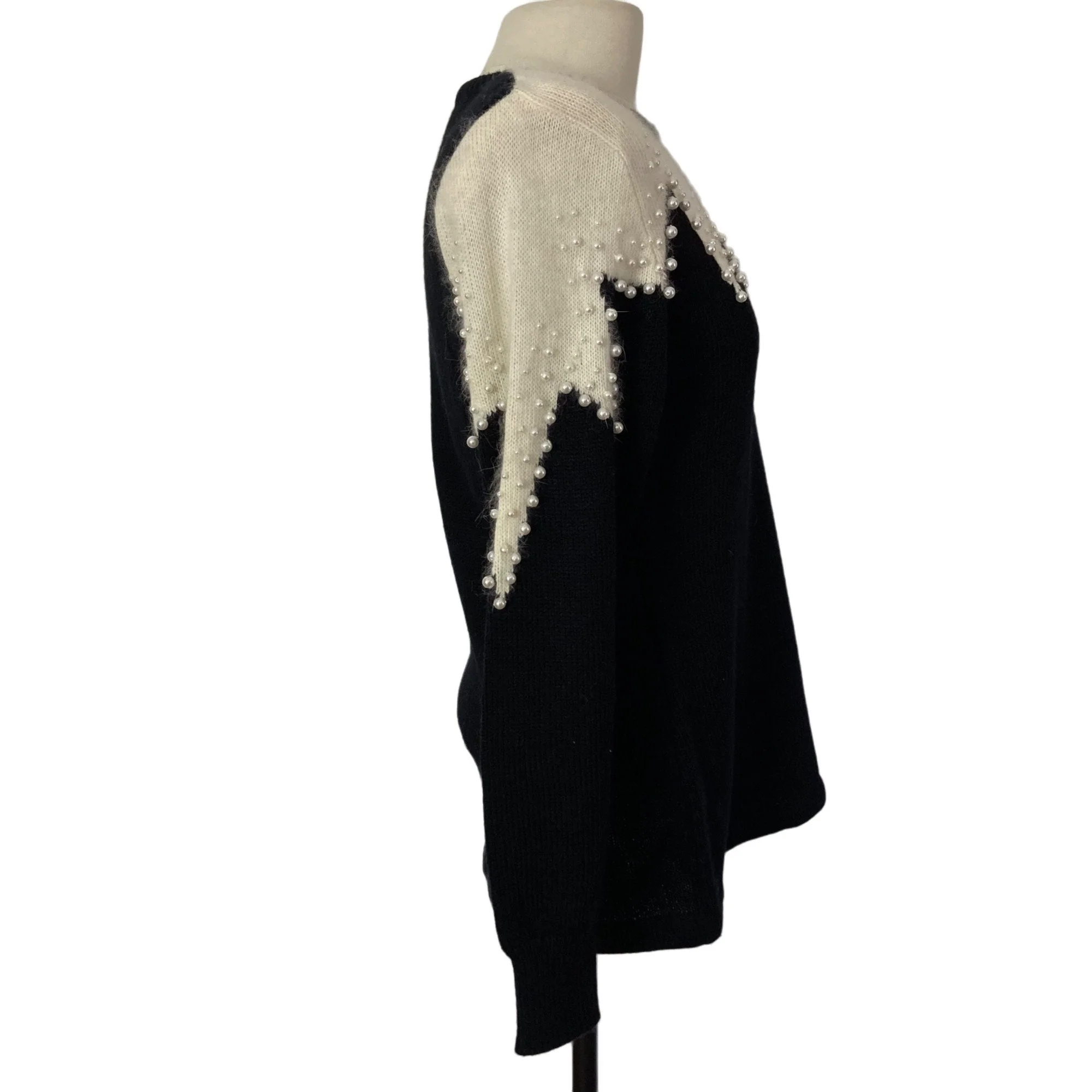 Vintage Beaded Sweater Medium Black White Angora Blend 80s by Christina Grant - Image 7