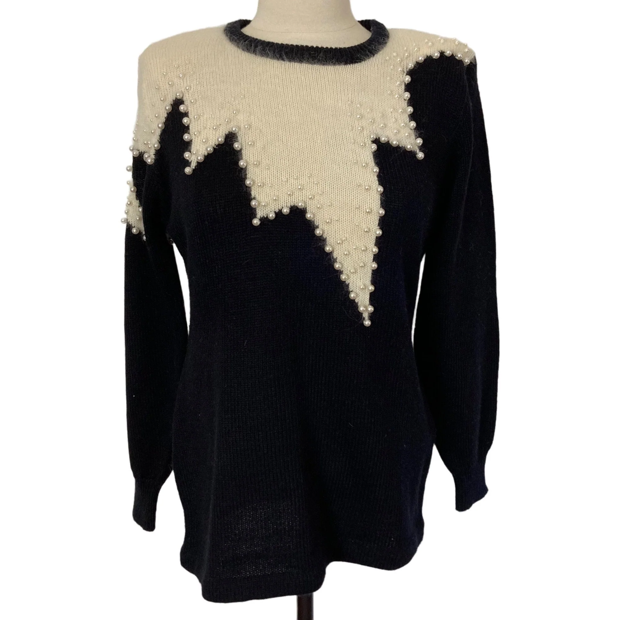 Vintage Beaded Sweater Medium Black White Angora Blend 80s by Christina Grant - Image 8