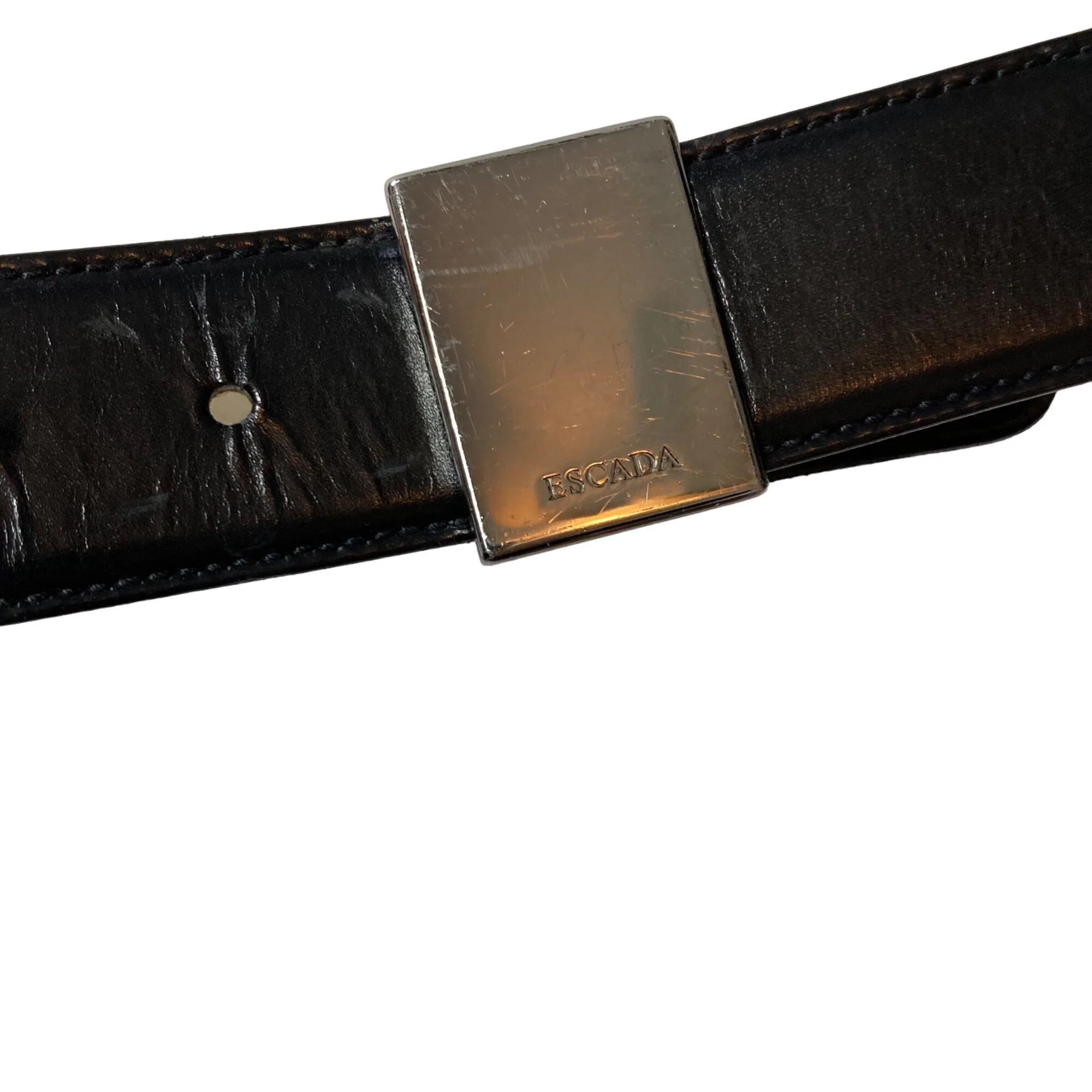 Vintage Belt 28 Inch Womens Black Leather Silver Buckle Made In Italy by Escada - Image 3