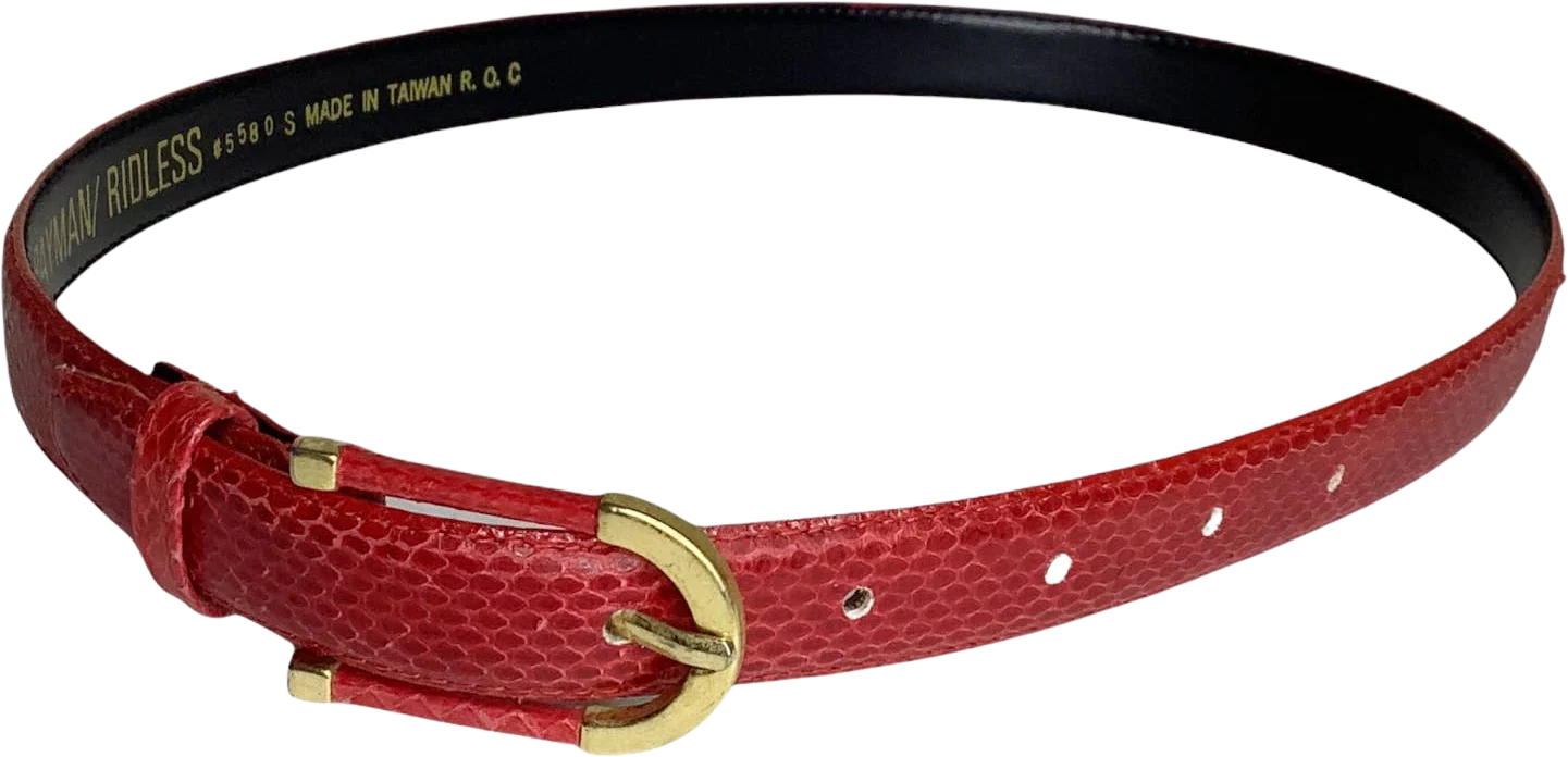 Vintage Belt 70s 80s Red Small Snake Print Embossed Skinny Thin Red Gold Disco S by Rayman Rideless
