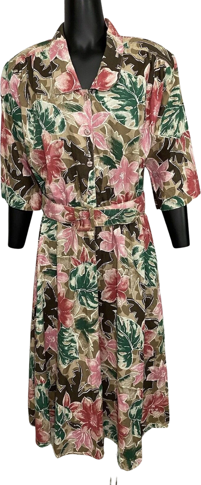 80s Vintage Belted Floral Shirt Dress Secretary Church Tropical Collared Mid By Caliche