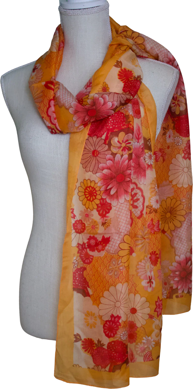 Vintage Bijoux Terner Orange Cream Silk Scarf Shawl with Art Deco Inspired Flower Print