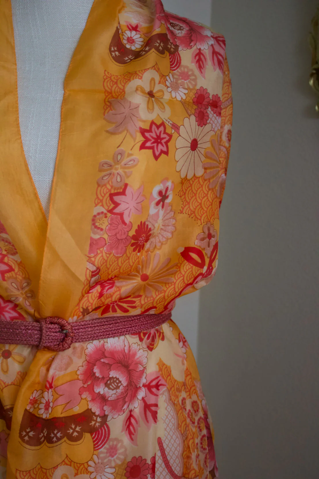 Vintage Bijoux Terner Orange Cream Silk Scarf Shawl with Art Deco Inspired Flower Print - Image 3