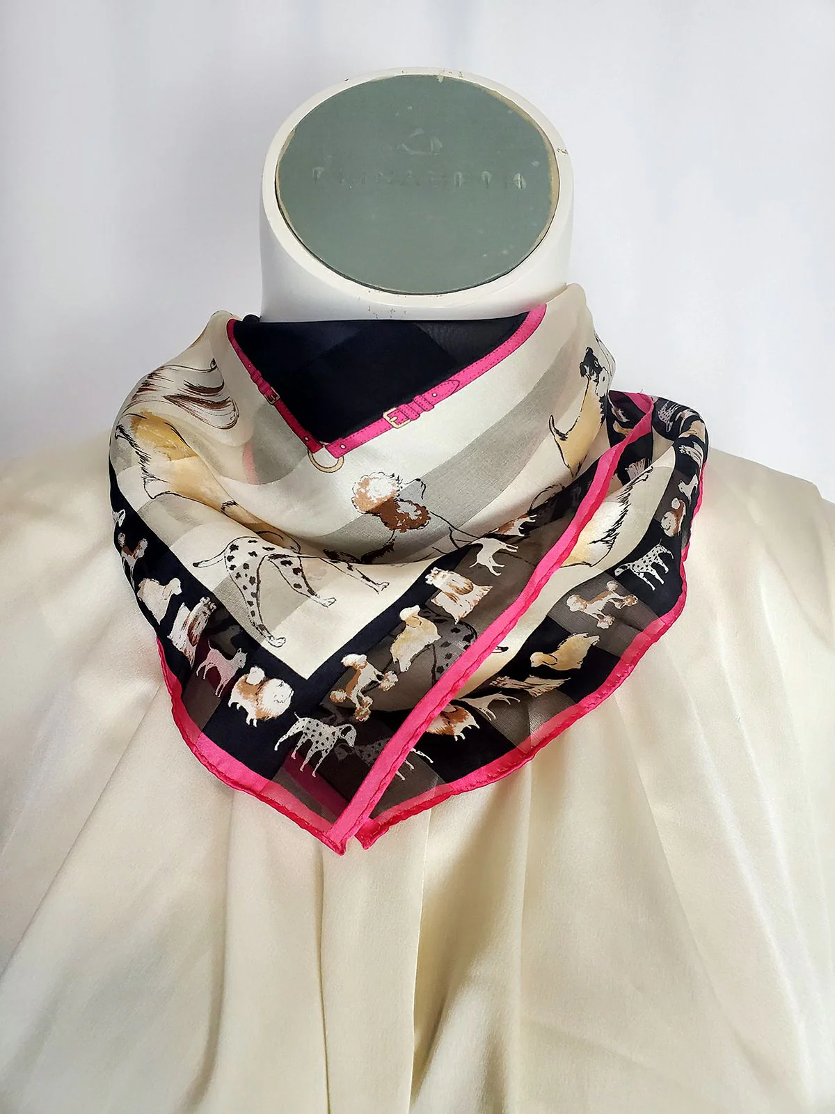 Vintage Black and Cream Silk Dogs Scarf by Collection XIIX - Image 2