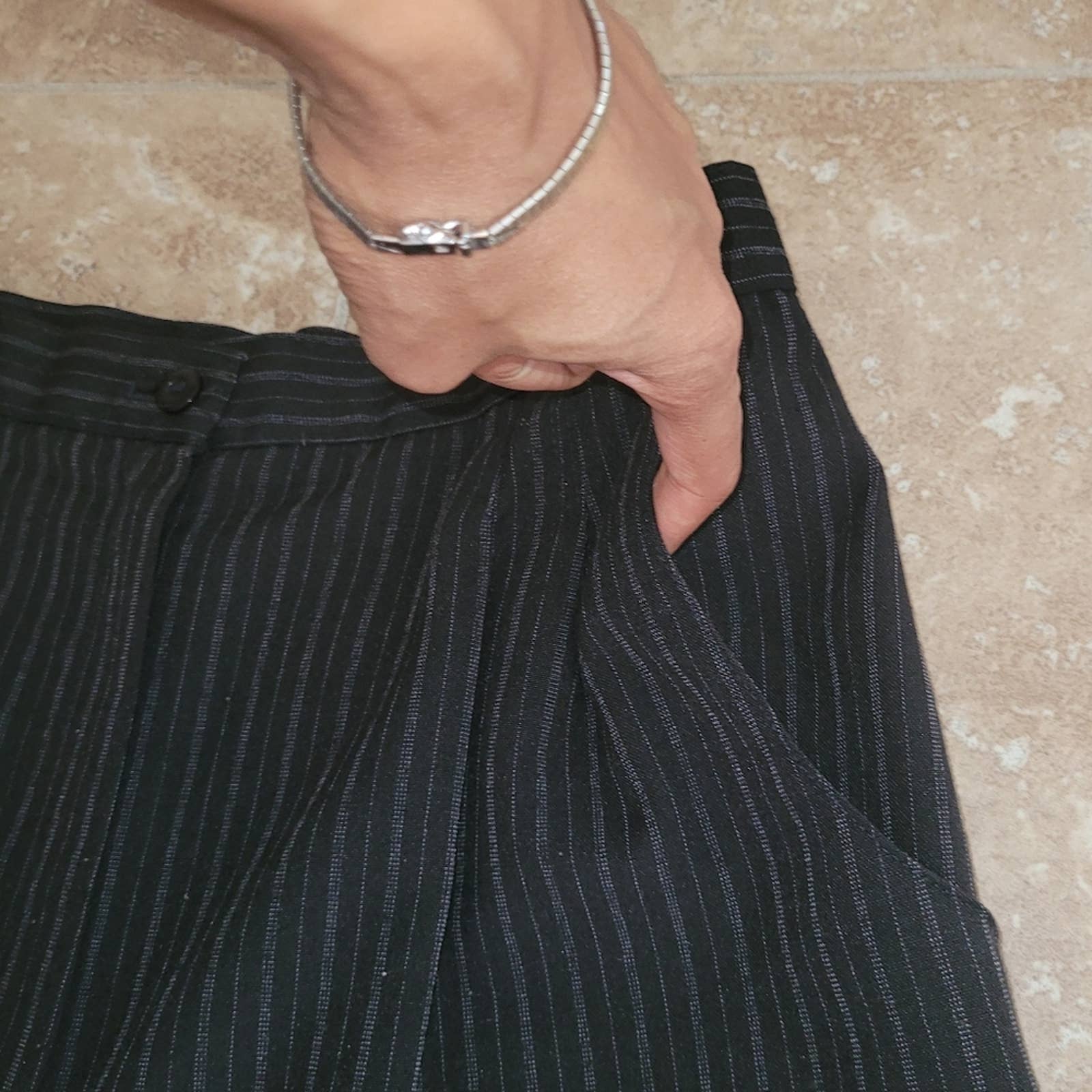 Vintage Black and Gray Pinstripe High Waist Straight Leg Pants M by Poppa's Place - Image 7