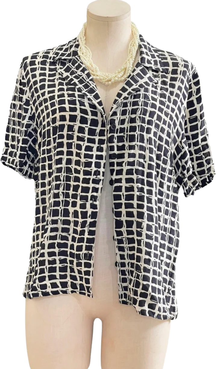 Vintage Black And White Checkered Silk Button Up By August Silk