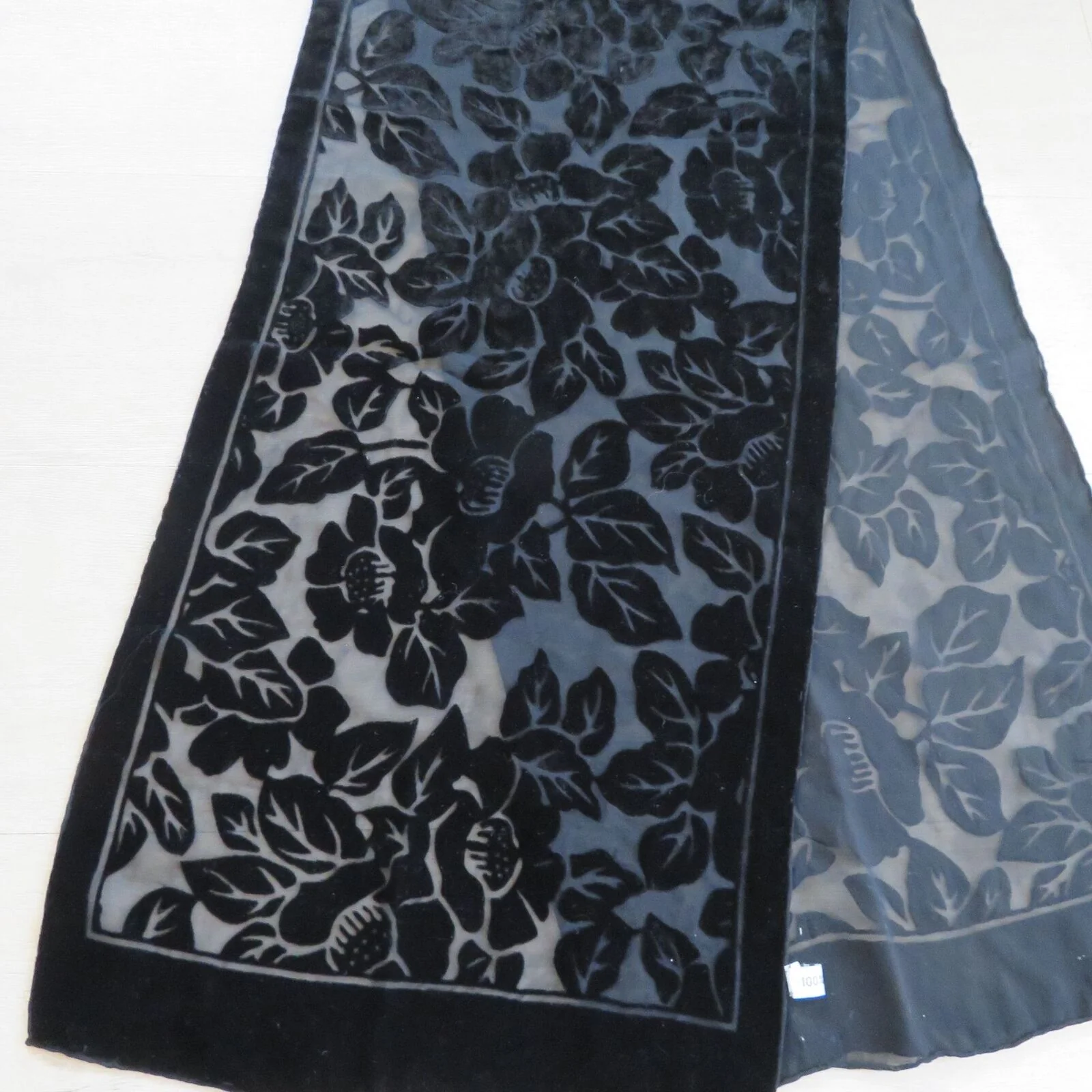 Vintage Black Chiffon Silk Velvet Burnout Scarf Floral 58 X 13 Gothic - Image 5