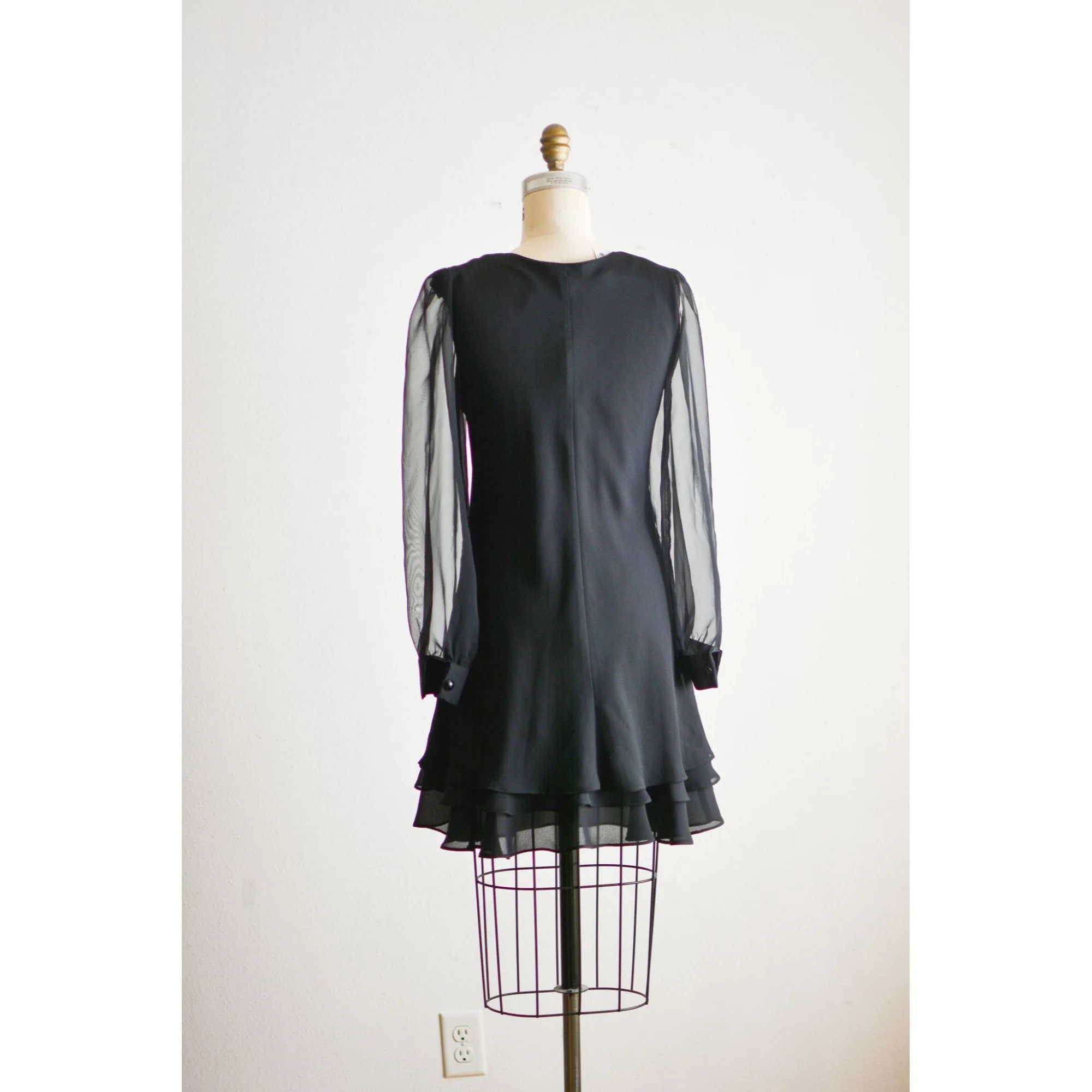 Vintage Black Dress Mini Size Small Flared Sheer Sleeves by Hampton Alites - Image 2