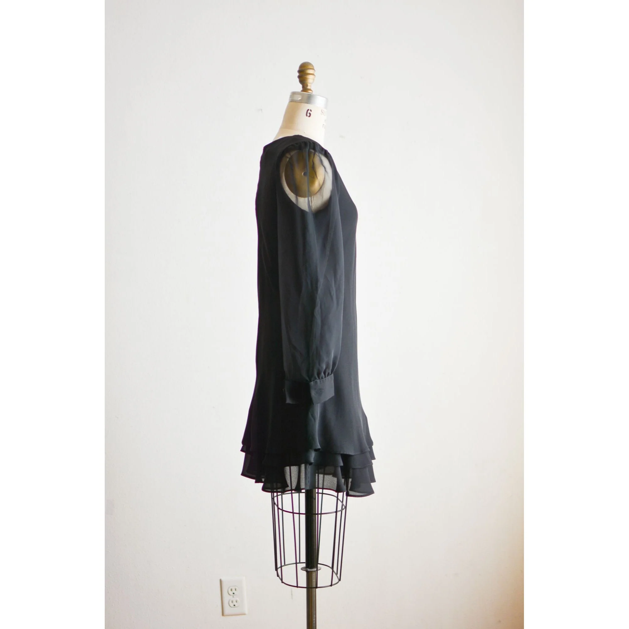 Vintage Black Dress Mini Size Small Flared Sheer Sleeves by Hampton Alites - Image 3