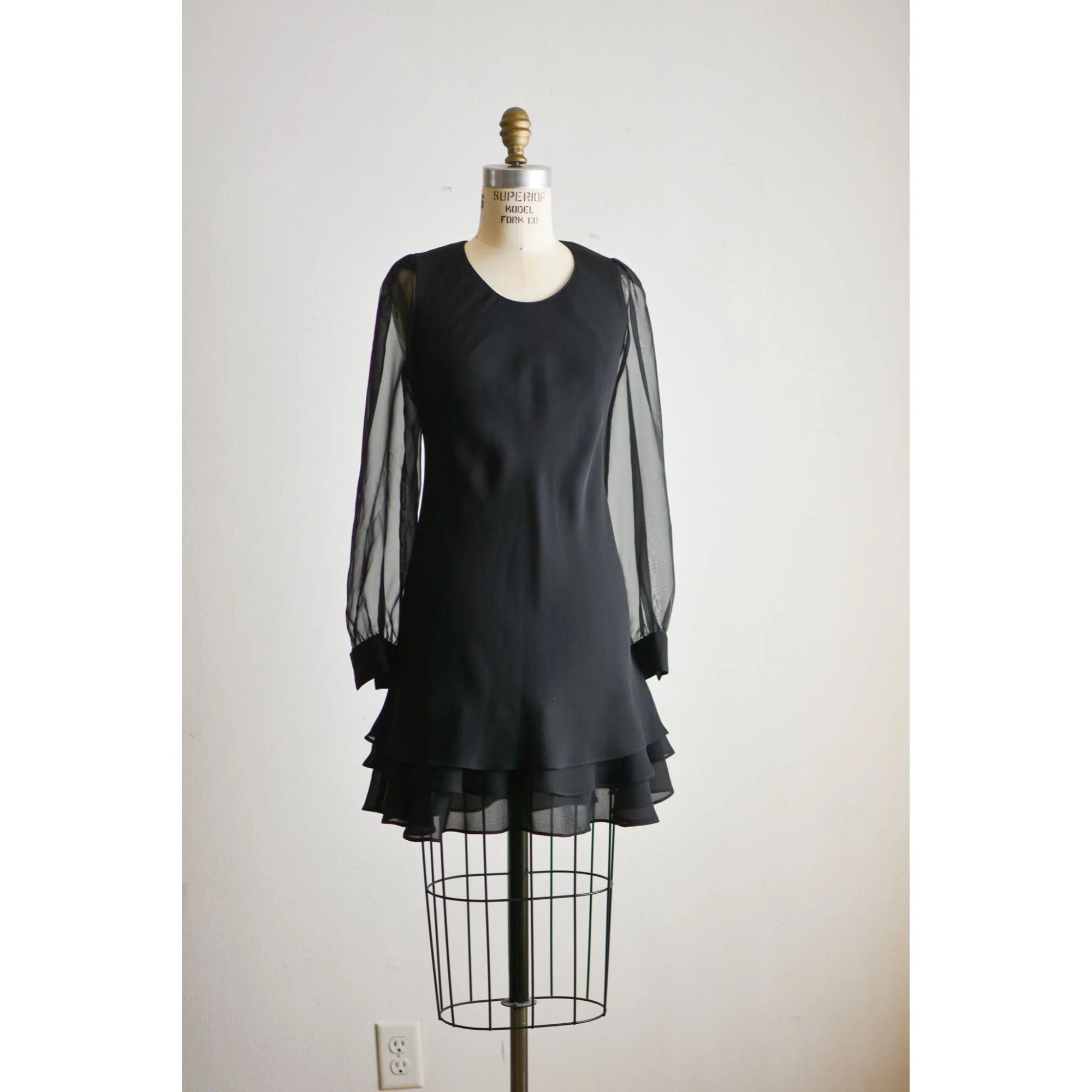 Vintage Black Dress Mini Size Small Flared Sheer Sleeves by Hampton Alites - Image 4