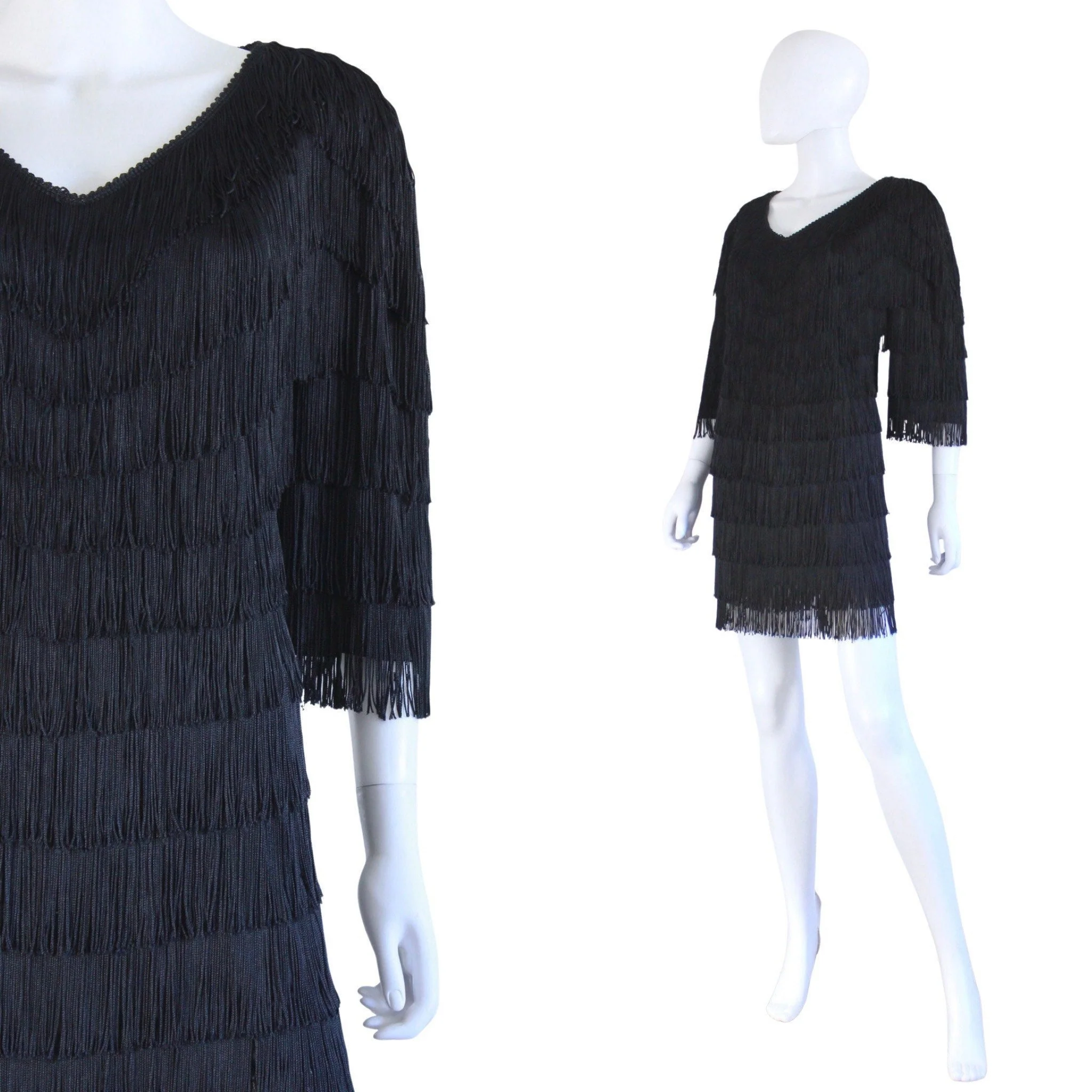 Vintage Black Fringe Cocktail Dress - Image 2