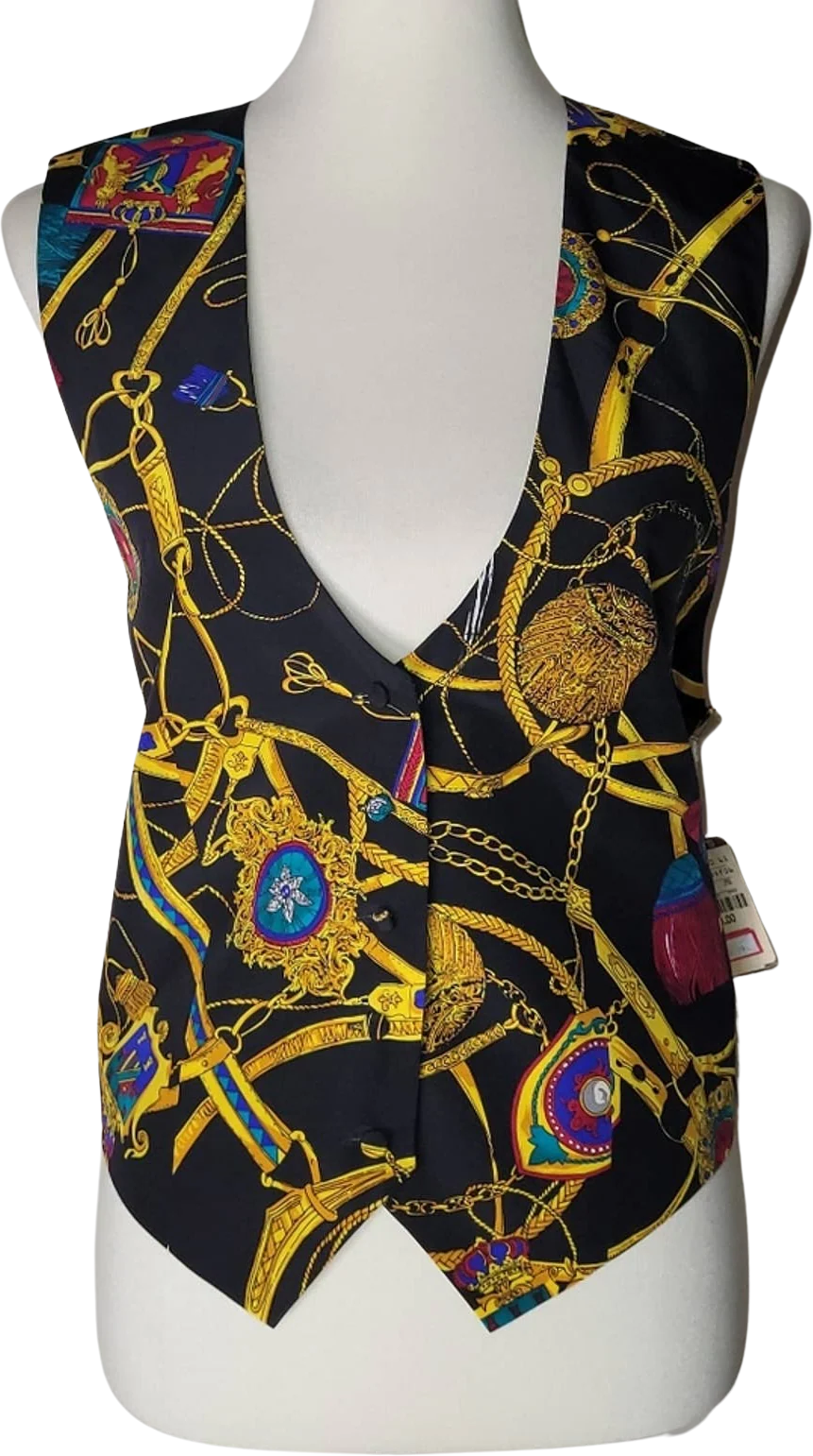Vintage Black Graphic Print 100% Silk Sleeveless V-Neck Vest - L by Spenser Jeremy