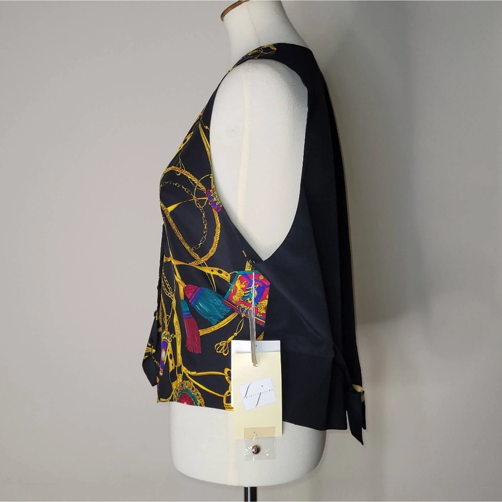 Vintage Black Graphic Print 100% Silk Sleeveless V-Neck Vest - L by Spenser Jeremy - Image 4