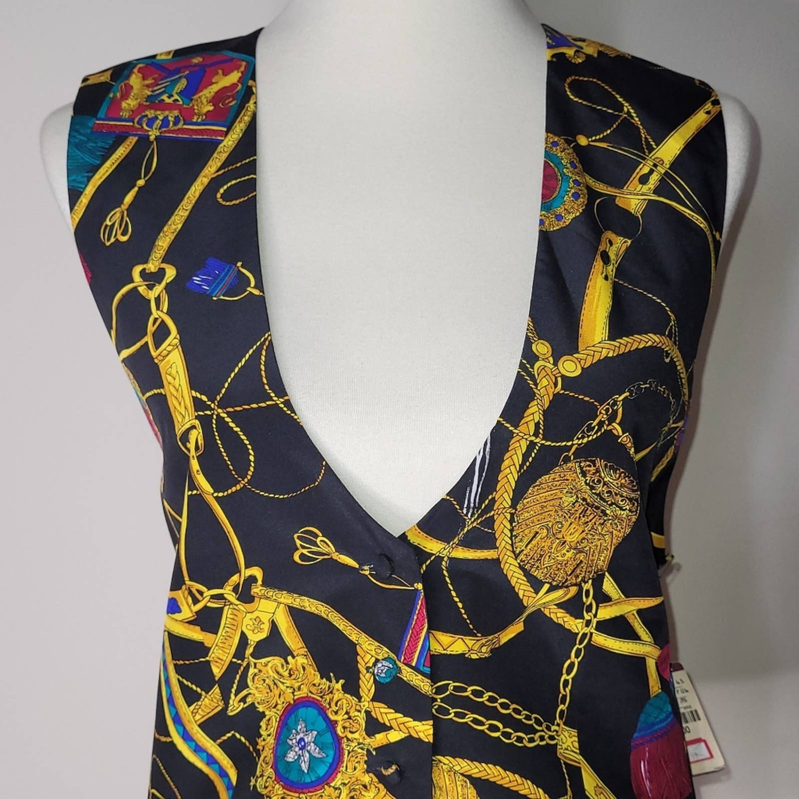 Vintage Black Graphic Print 100% Silk Sleeveless V-Neck Vest - L by Spenser Jeremy - Image 5