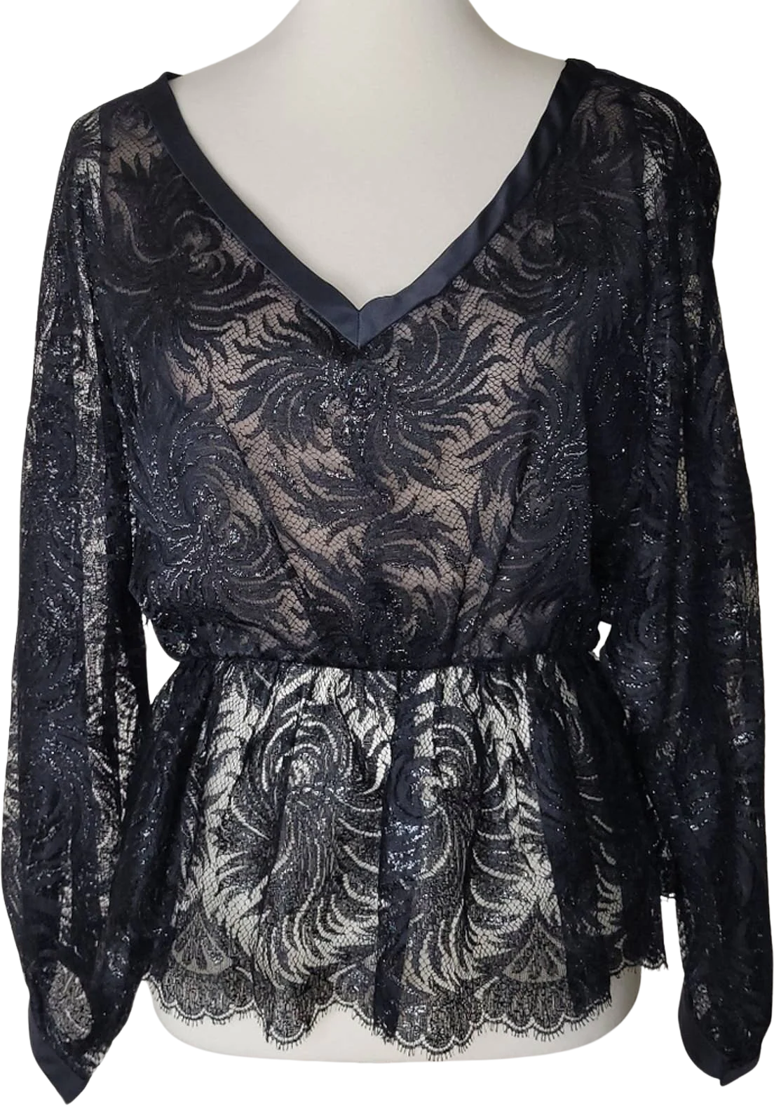 Vintage Black Lace V-Neck Peplum Blouse Size Small by Werle Beverly Hills