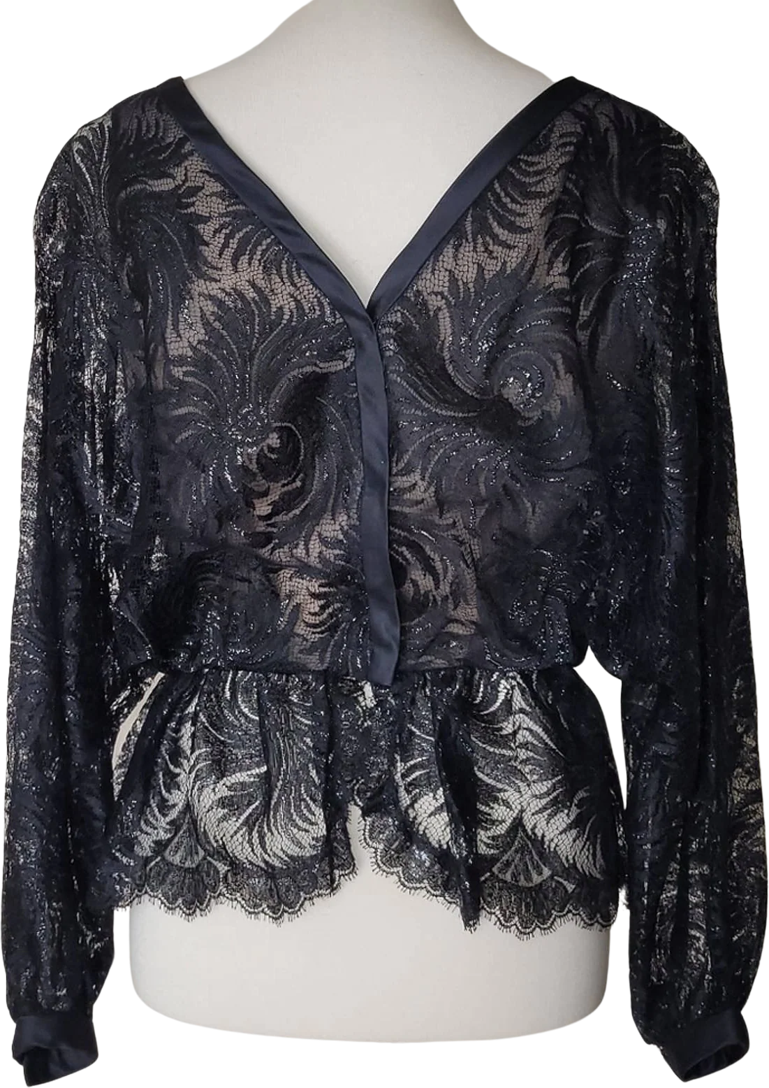 Vintage Black Lace V-Neck Peplum Blouse Size Small by Werle Beverly Hills - Image 2