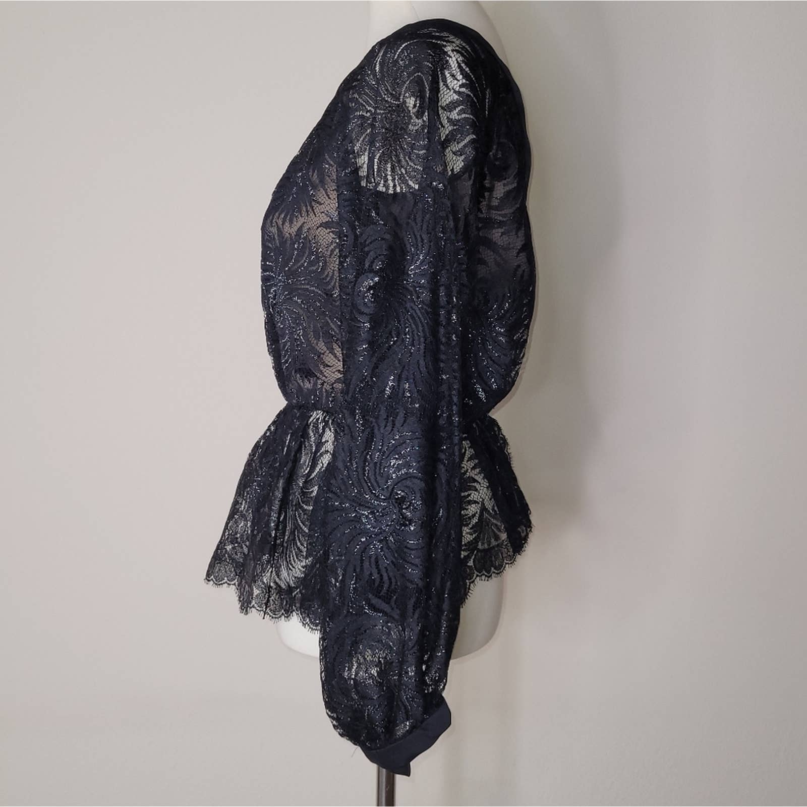 Vintage Black Lace V-Neck Peplum Blouse Size Small by Werle Beverly Hills - Image 4