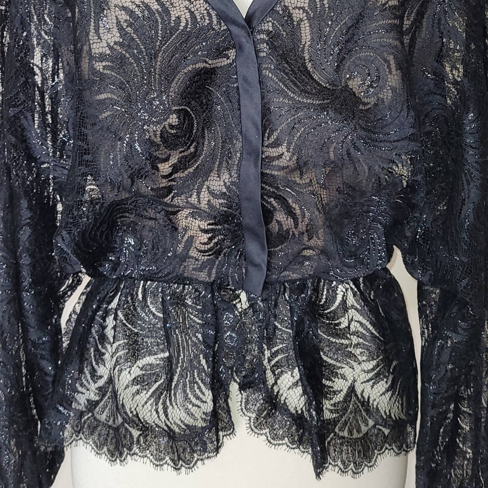 Vintage Black Lace V-Neck Peplum Blouse Size Small by Werle Beverly Hills - Image 7