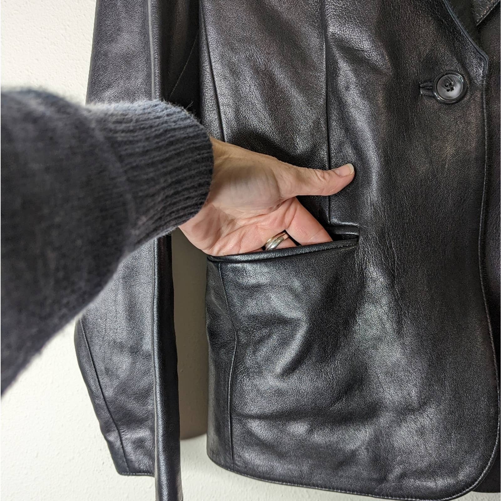 Vintage Black Leather Single Button Blazer S - Image 10