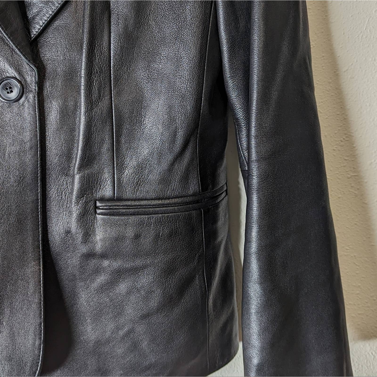 Vintage Black Leather Single Button Blazer S - Image 11