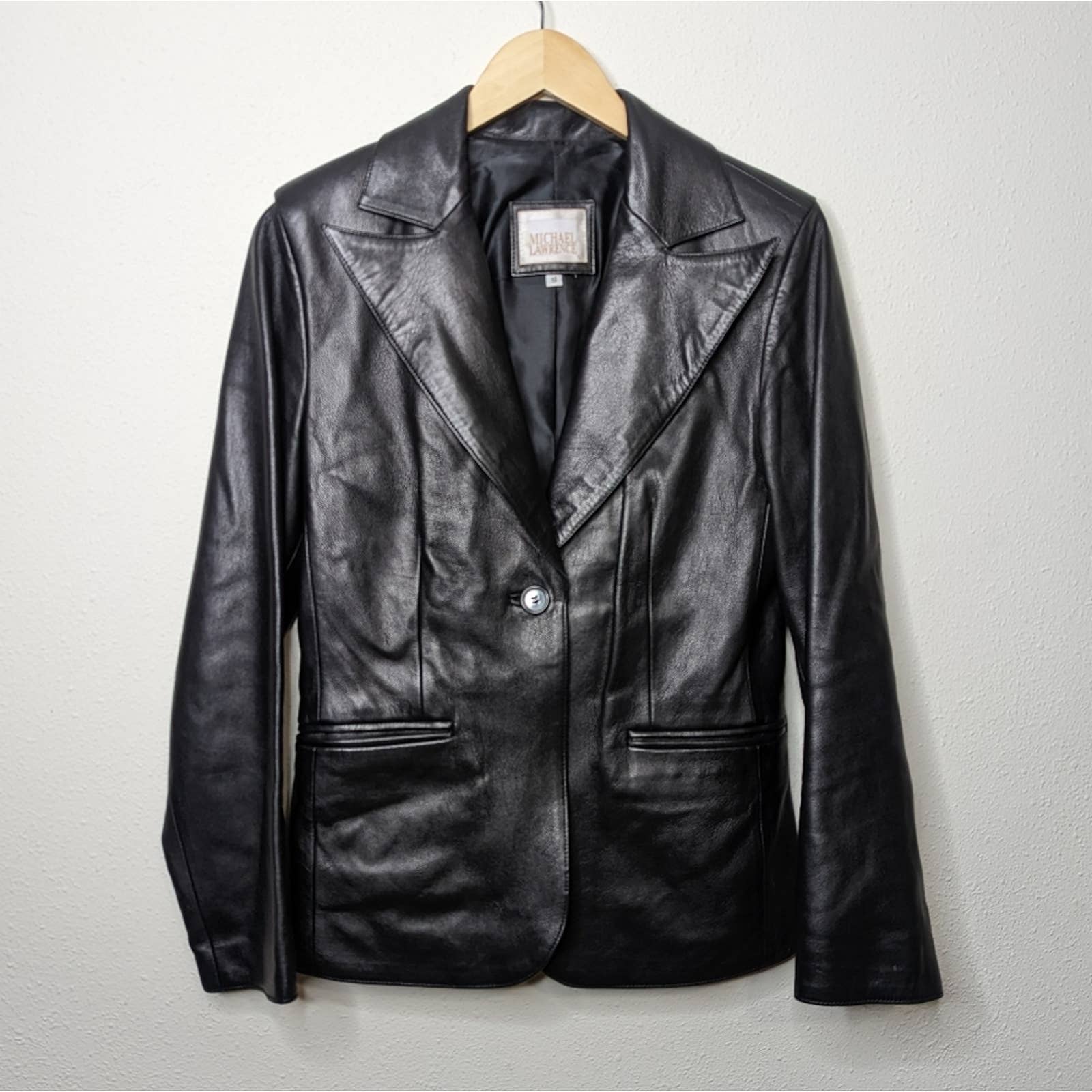 Vintage Black Leather Single Button Blazer S - Image 3