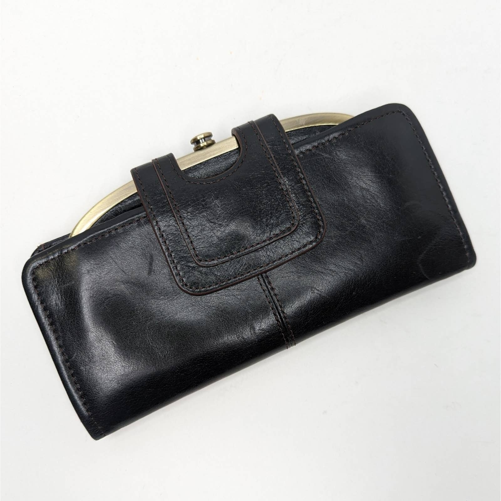 Vintage Black Leather Wristlet Checkbook Wallet Coin Purse by HOBO - Image 2