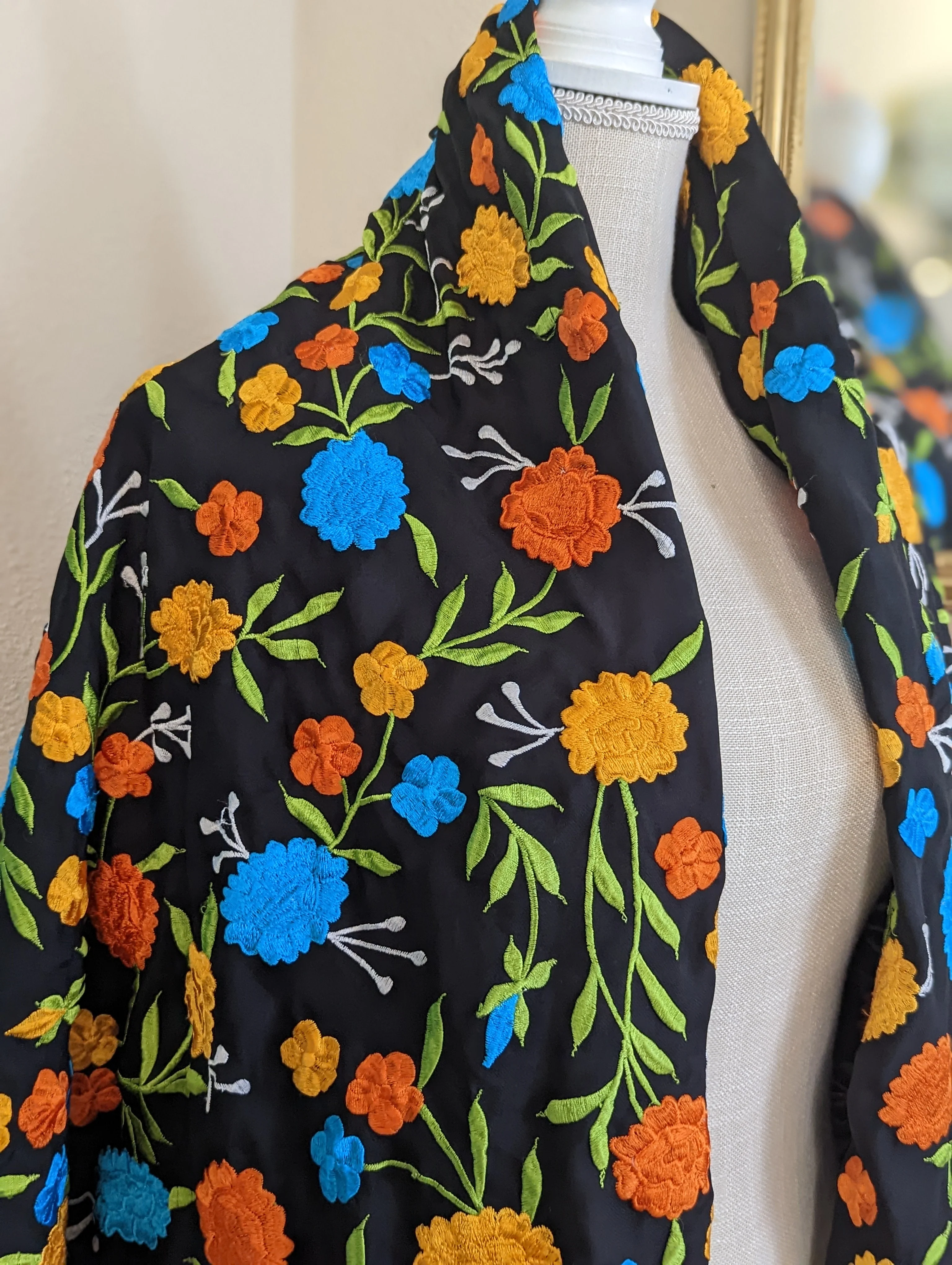 Vintage Black Silk Charmeuse Piano Shawl with Blue and Orange Peony Florals In Silk Hand Embroidery Finished with a Hand Knotted Fringe - Image 2