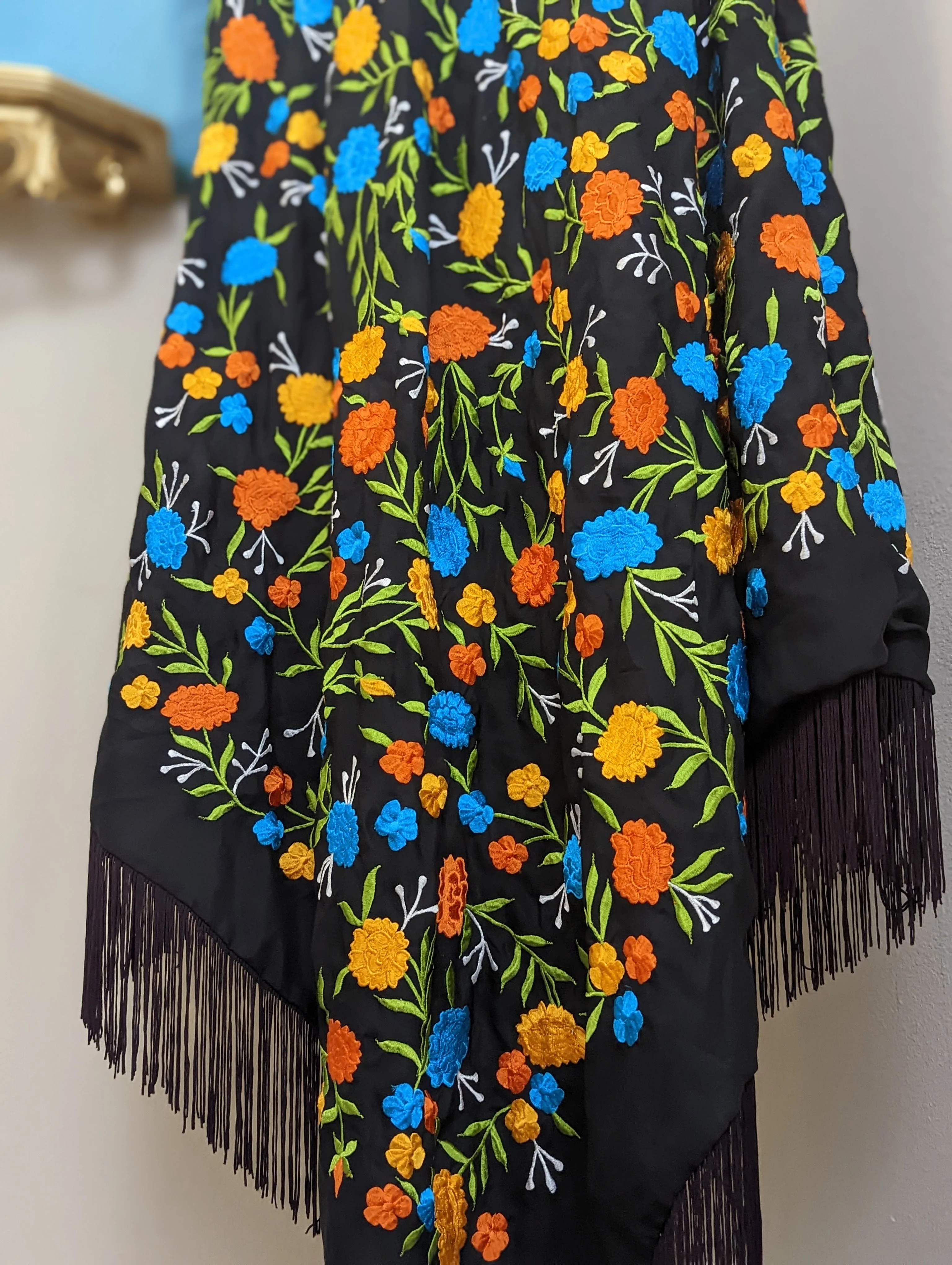 Vintage Black Silk Charmeuse Piano Shawl with Blue and Orange Peony Florals In Silk Hand Embroidery Finished with a Hand Knotted Fringe - Image 4