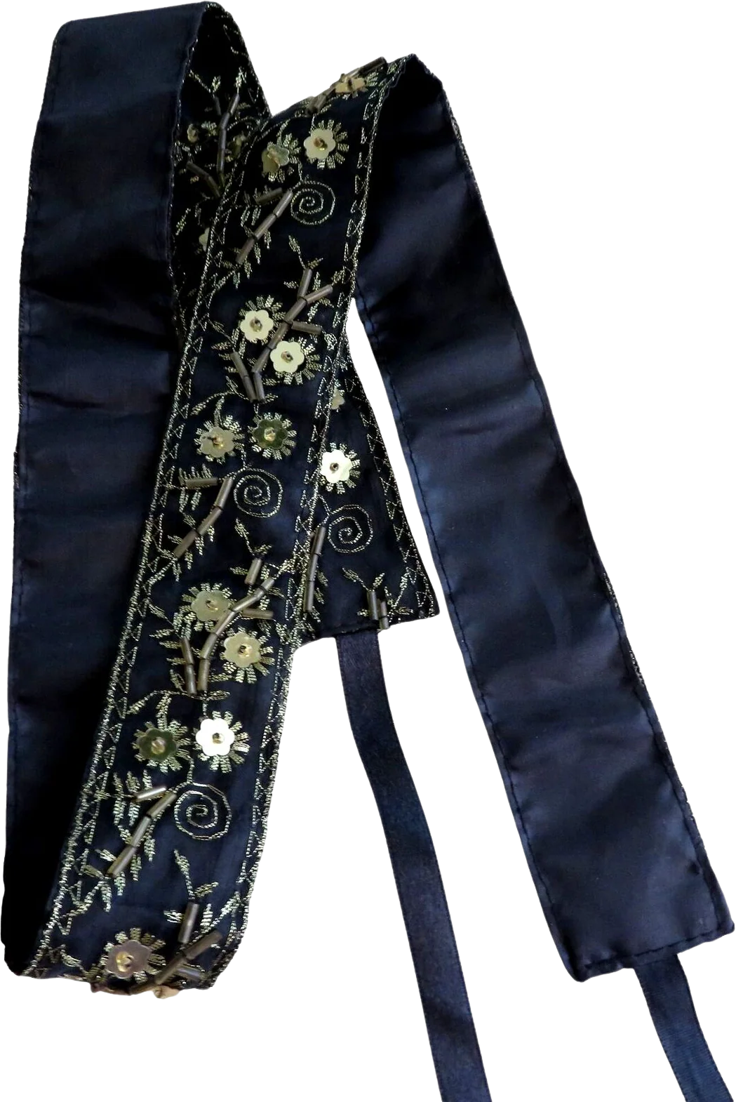 Vintage Black Silk Handmade Beaded Gold Floral Accent Belt Tie 36" Length